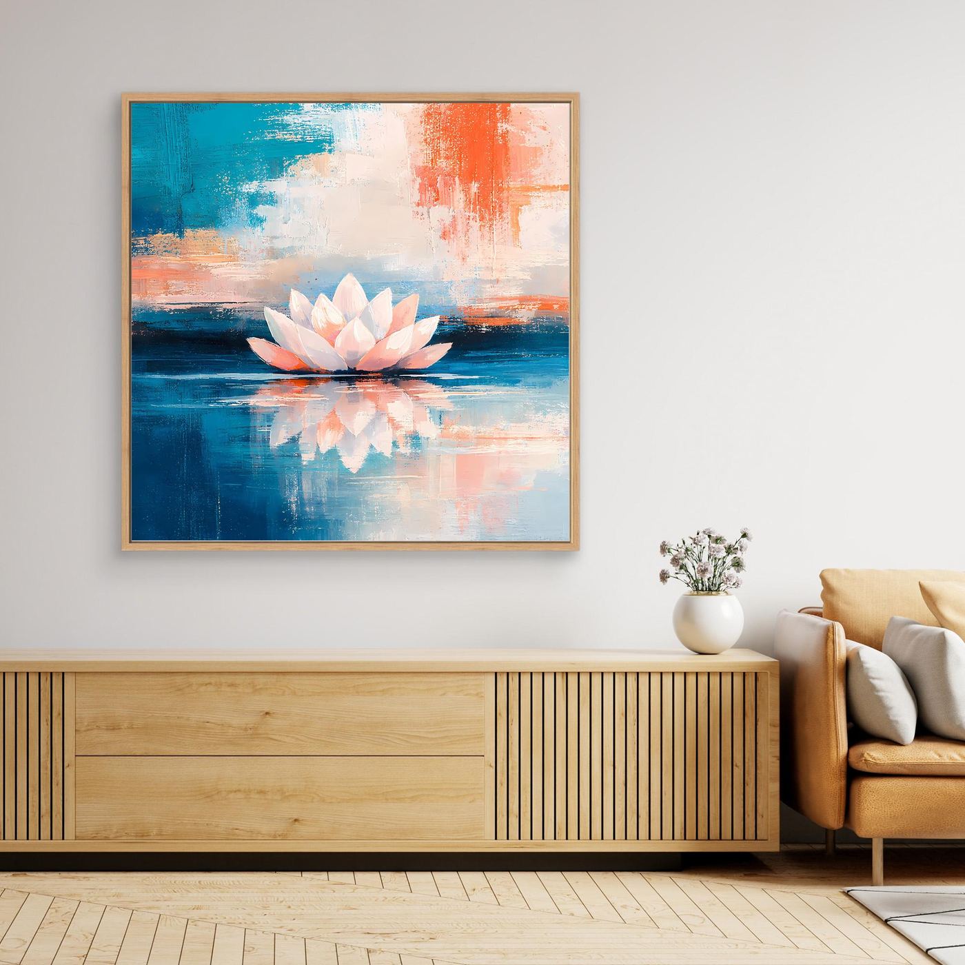 Leinwand Abstrakte Lotusblüte auf dem Wasser | Modernes Seerosen Wandbild Blau Orange