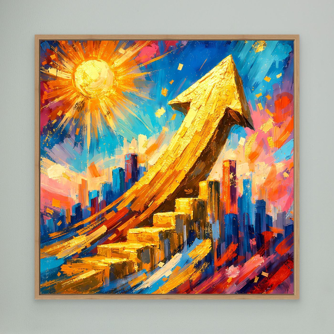 Leinwandbild im Eichenrahmen mit abstrakter Skyline, goldenem Pfeil und Sonnenstrahlen