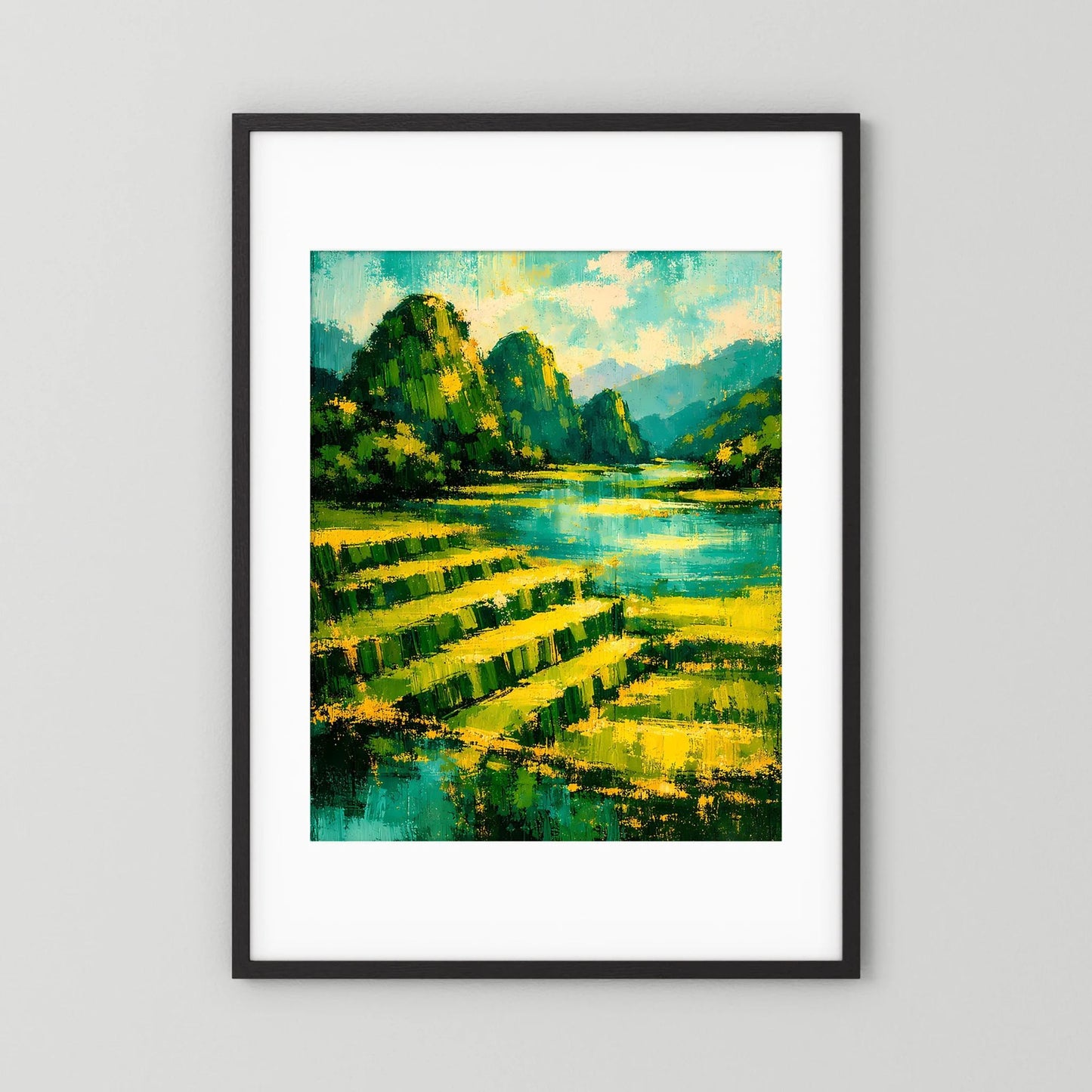 Hochformat-Poster mit abstraktem Fluss und Feldern in Grün und Gold, schwarzer Rahmen mit weißem Rand.