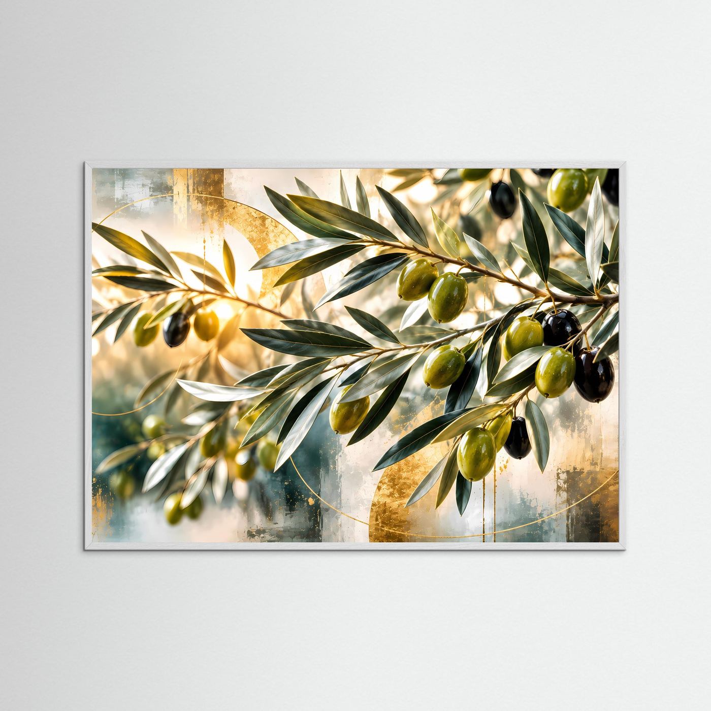 Olivenzweig-Naturkunst, abstraktes Wandbild mit weißem Holzrahmen