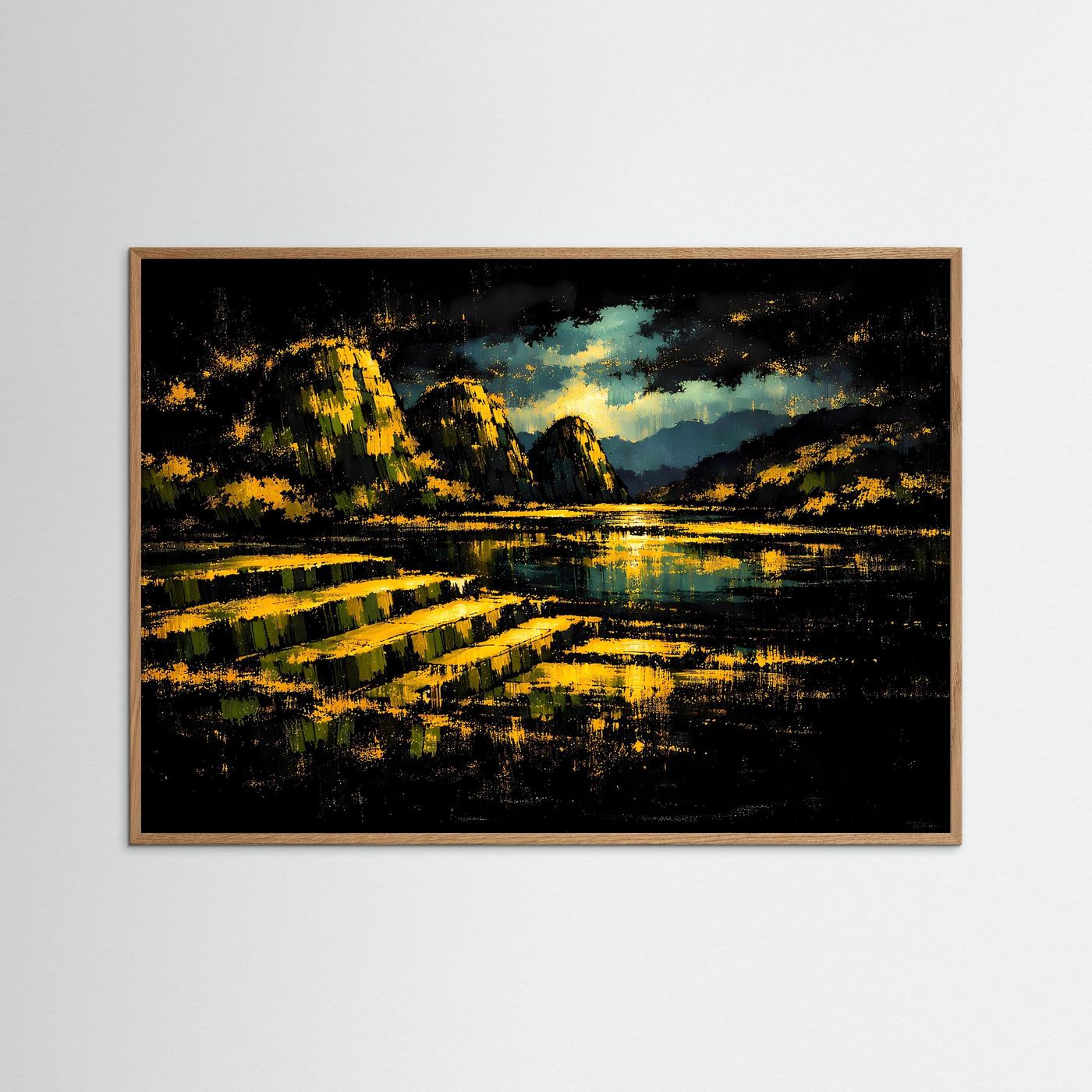 Goldene Nacht über dem Bergsee | Mystisches Natur & Landschaft Poster Querformat
