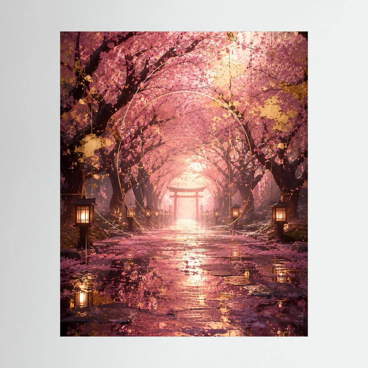Hochformat-Poster: Kirschblütenallee mit Torii-Tor und Laternen am regenfarbenen Weg