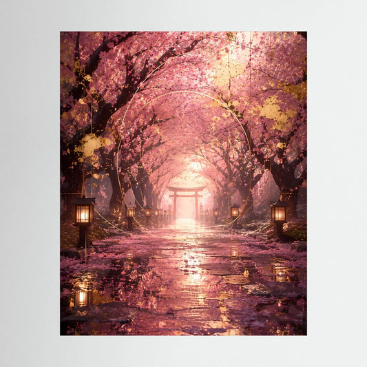 Hochformat-Poster: Kirschblütenallee mit Torii-Tor und Laternen am regenfarbenen Weg
