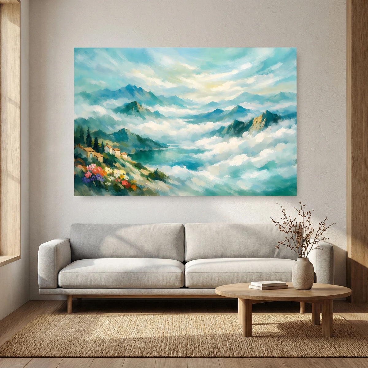Wandbild mit nebliger Landschaft, Berge und Wolken über blauer Wasserfläche, Querformat.