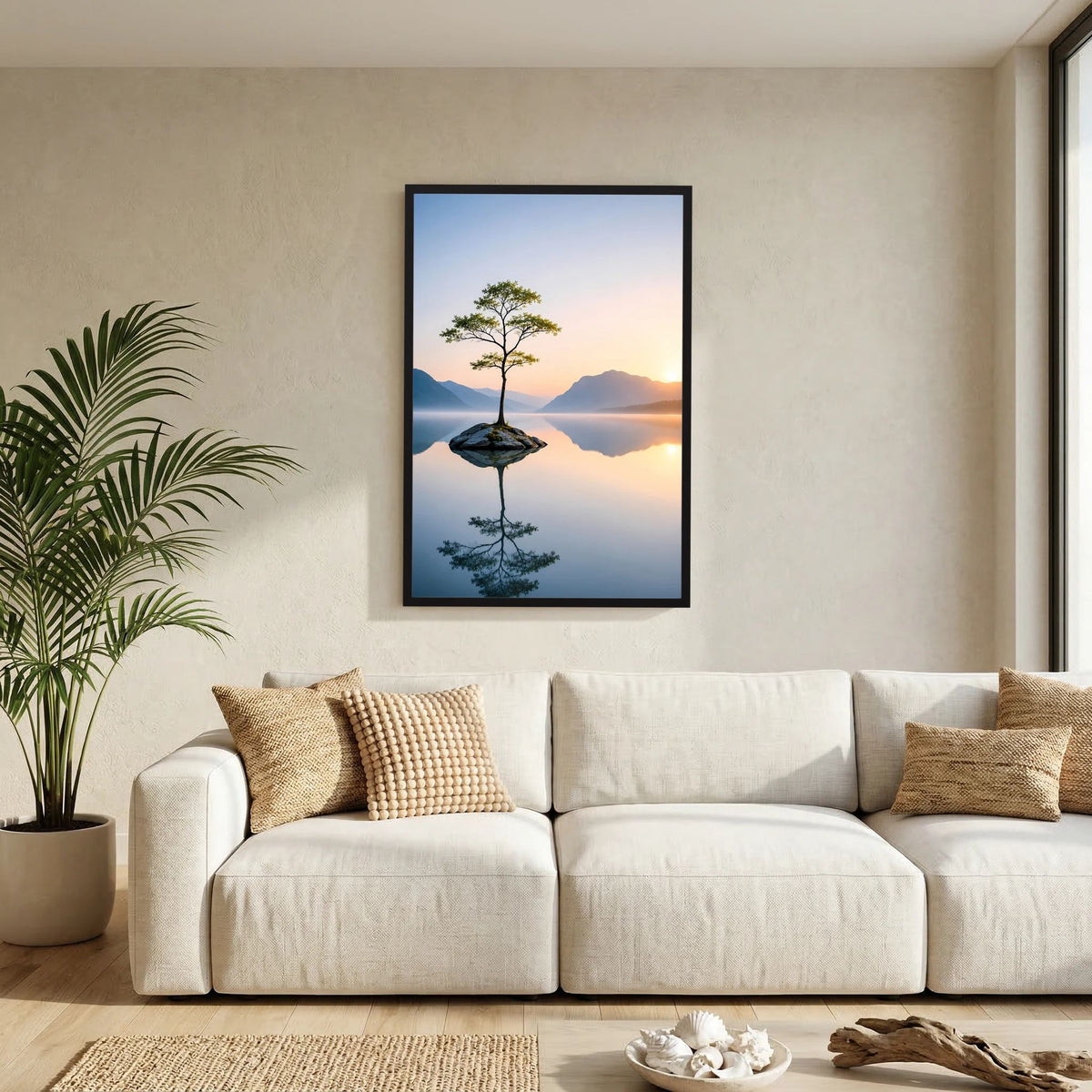 Poster im Hochformat mit schwarzem Rahmen und Baumspiegelung im See