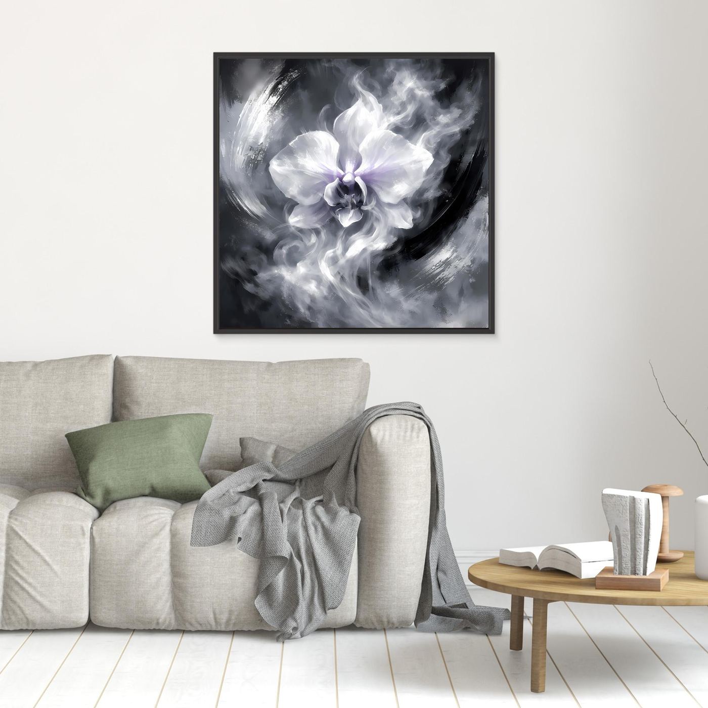 Wandbild mit abstrakter Orchidee in Schwarzweiß im schwarzen Rahmen