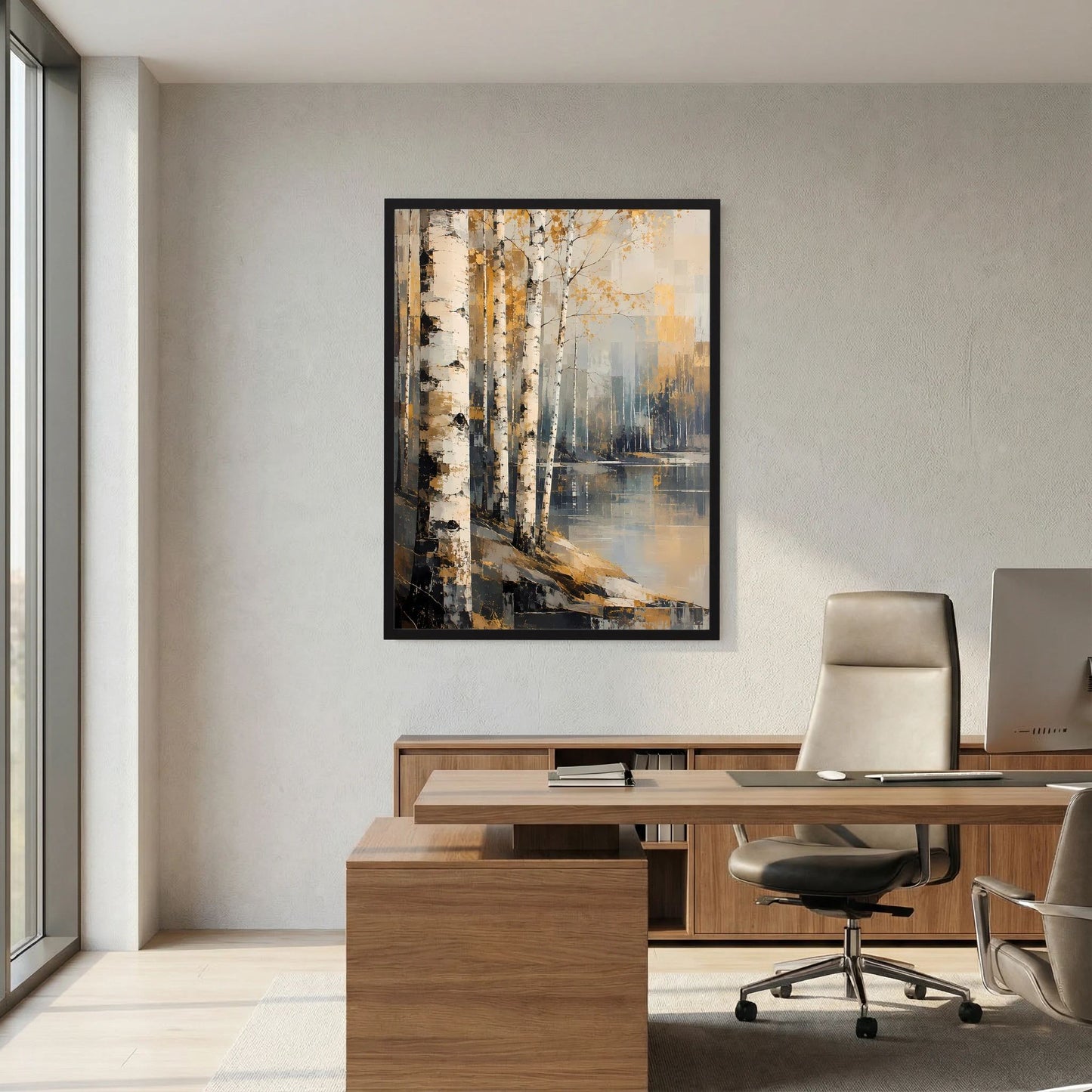 Hochformat-Poster im dunklen Rahmen mit abstraktem Birkenwald in Gold und Beige