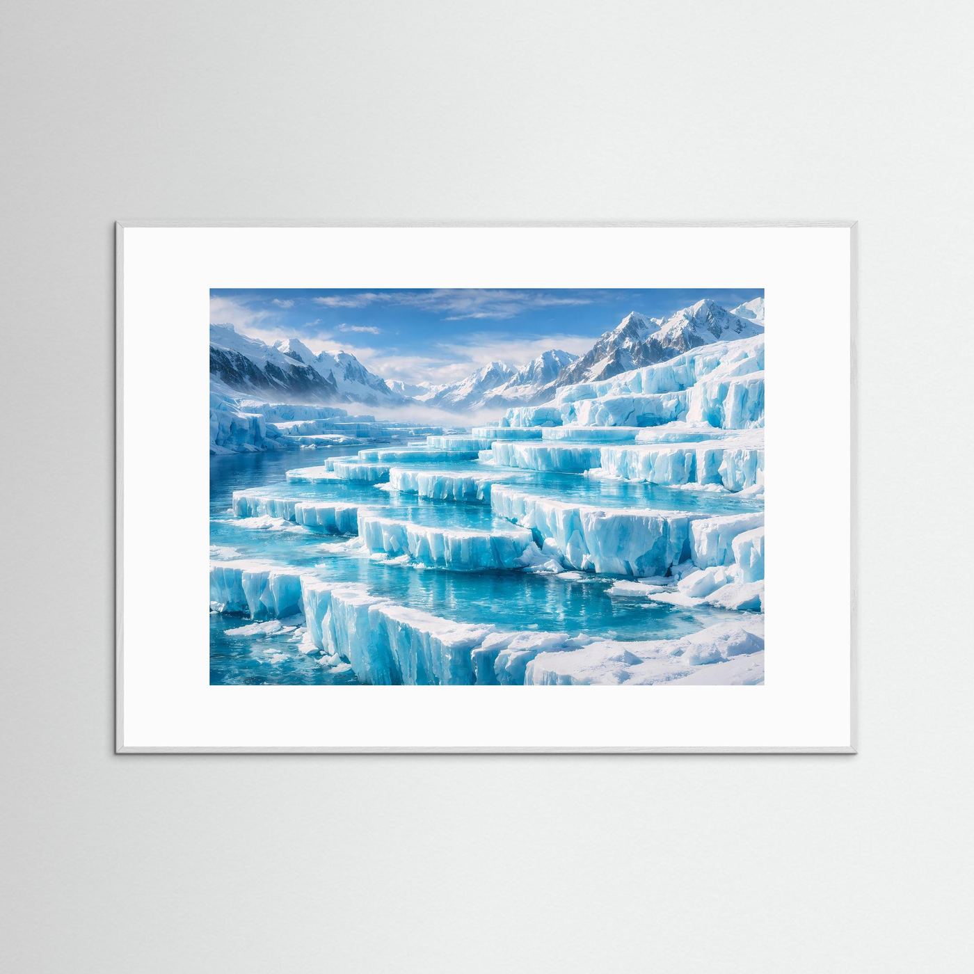 Poster mit Gletscherlandschaft, weiß gerahmt mit hellem Passepartout