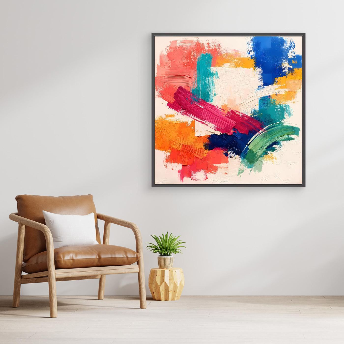 Colorful abstract canvas painting with bold brush strokes, black frame