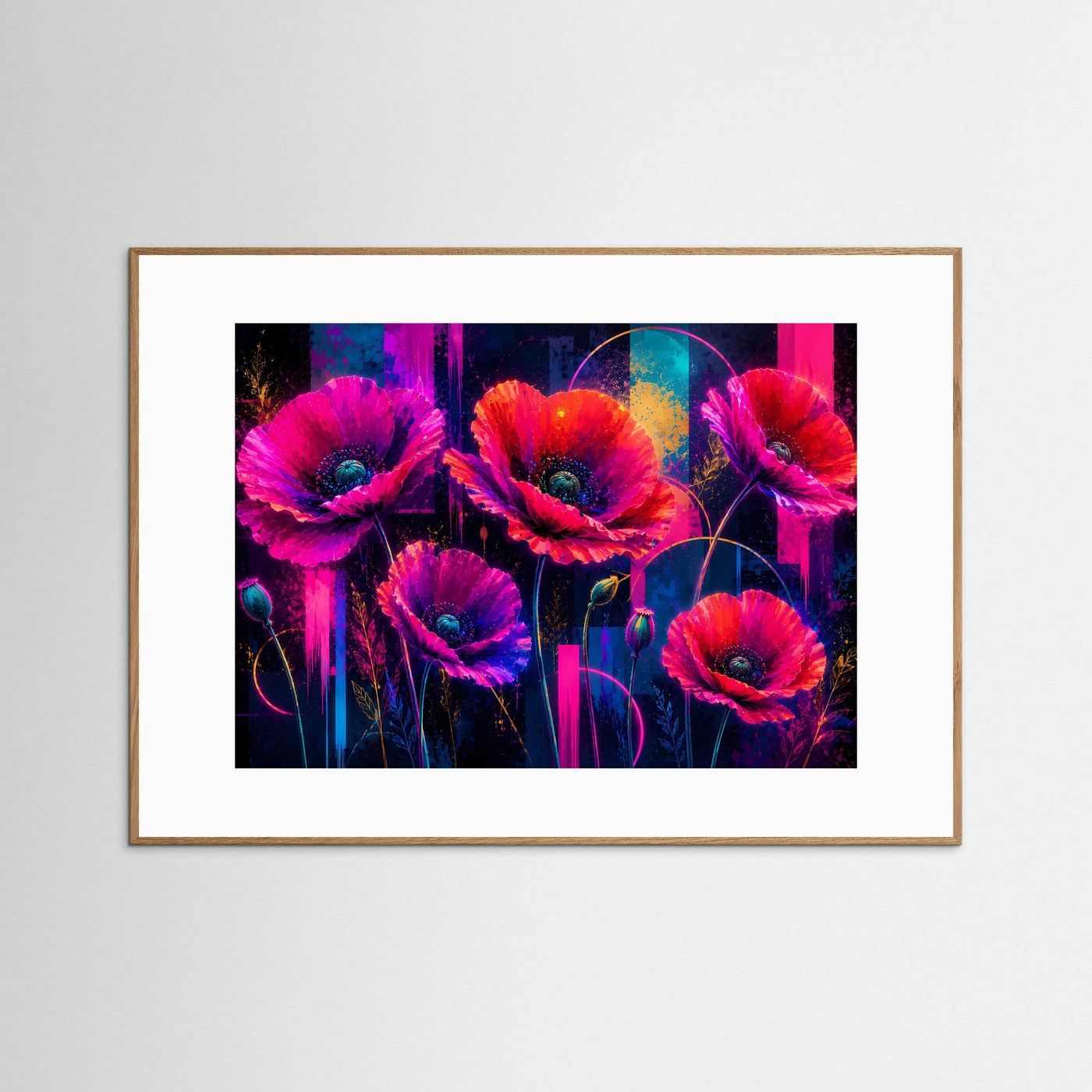 Leuchtende Mohnblumen in Neonfarben | Abstrakte Blumen Kunst & Wandbild