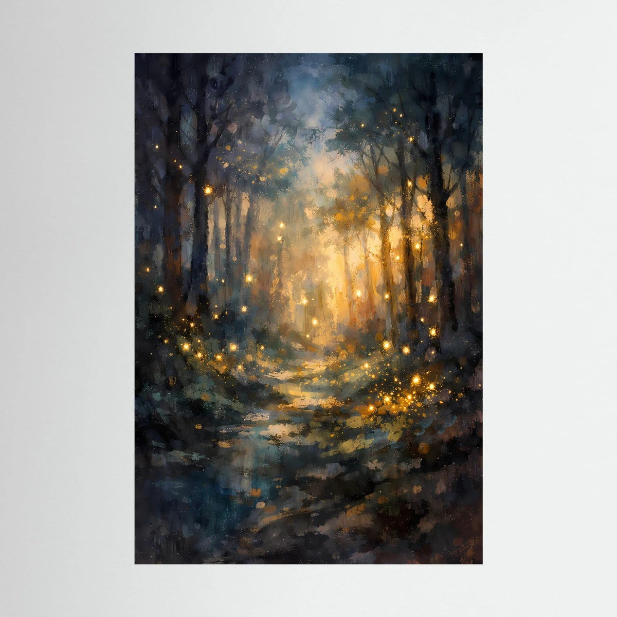 Hochformatiges Poster mit Waldweg, goldenen Lichtpunkten und warmem Leuchten