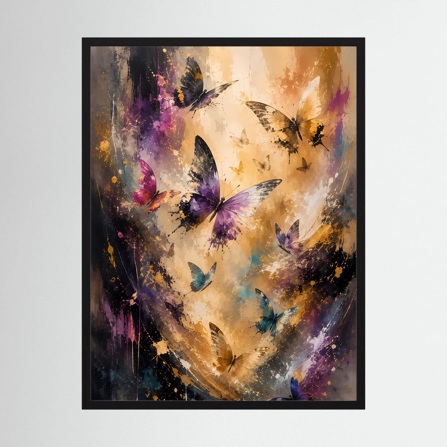 Hochformat-Poster mit abstrakten Schmetterlingen in Gold, Violett und dunklem Rahmen