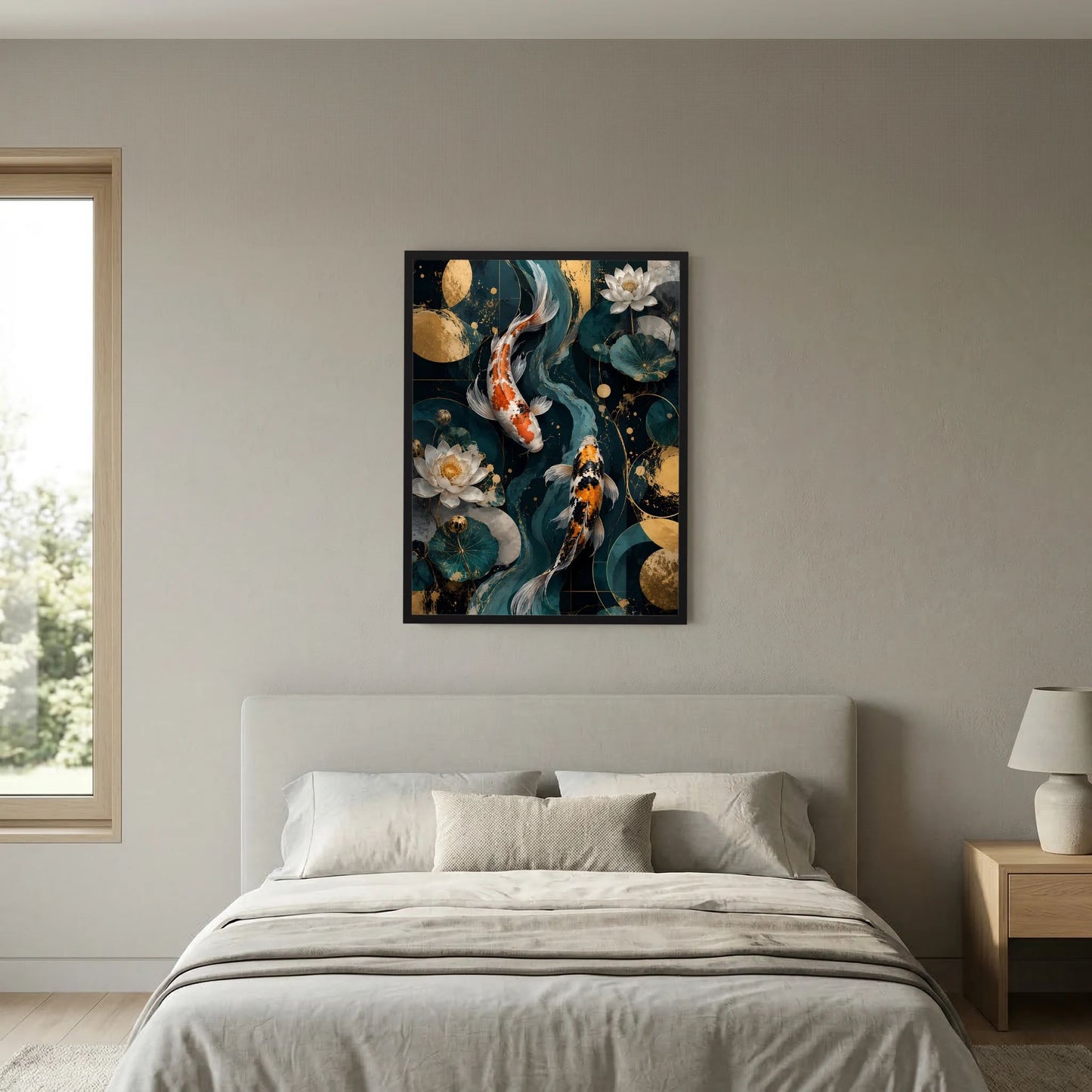 Poster im Hochformat mit Koi-Fischen und Lotusblüten in Petrol und Gold, schwarzer Rahmen