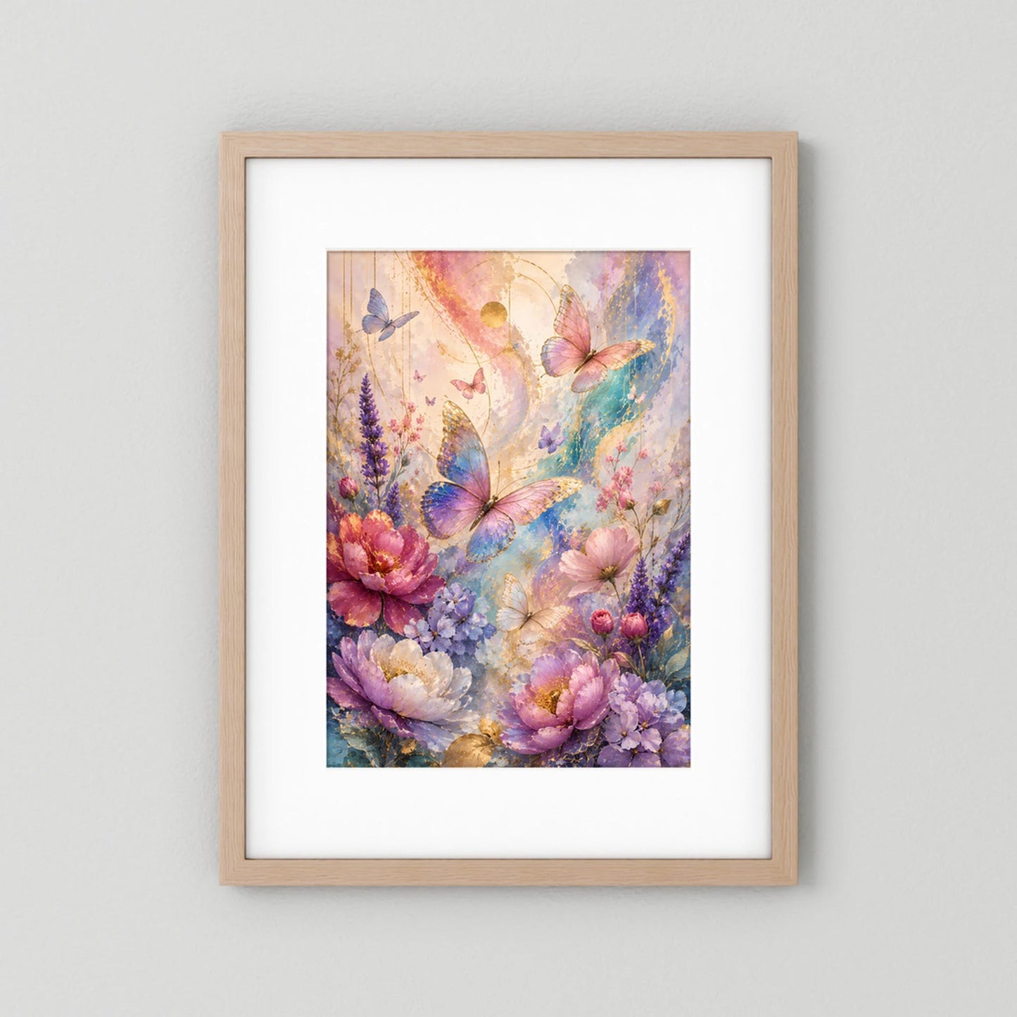 Poster im Hochformat mit Blumen und Schmetterlingen, Holzrahmen mit weißem Rand
