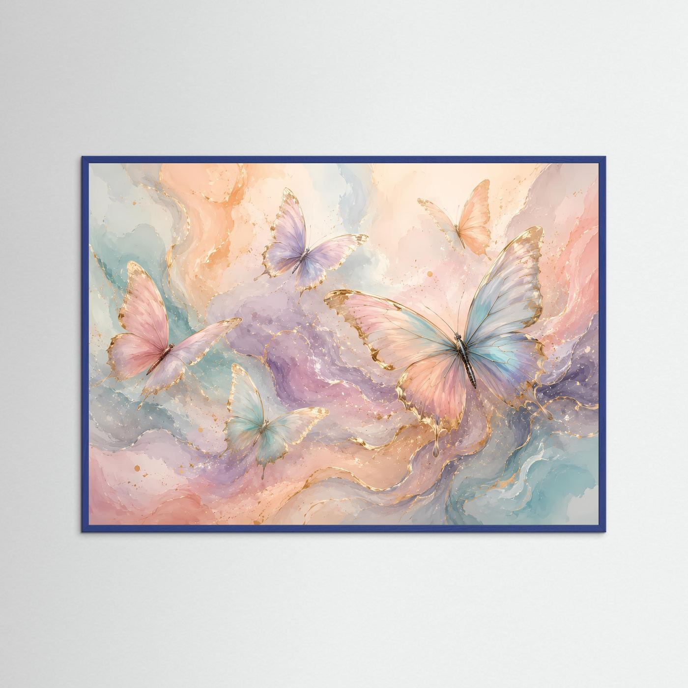 Pastell Schmetterlinge Poster | Elegante Schmetterlingskunst in Rosa Blau Gold | Moderne Aquarell Wanddekoration | Abstrakter Kunstdruck