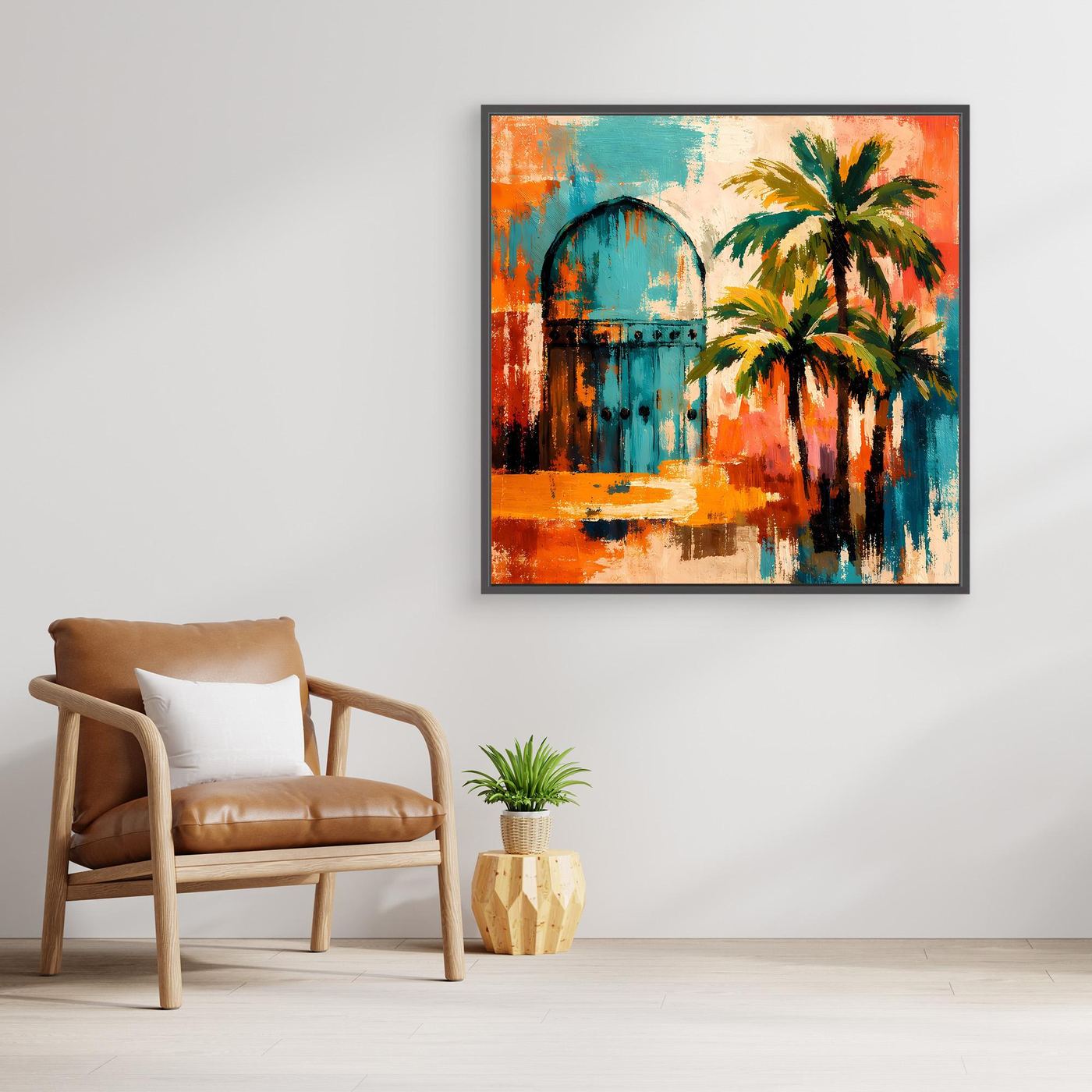 Gerahmtes Wandbild mit Palmen und Bogenmotiv, orange-türkises abstraktes Muster