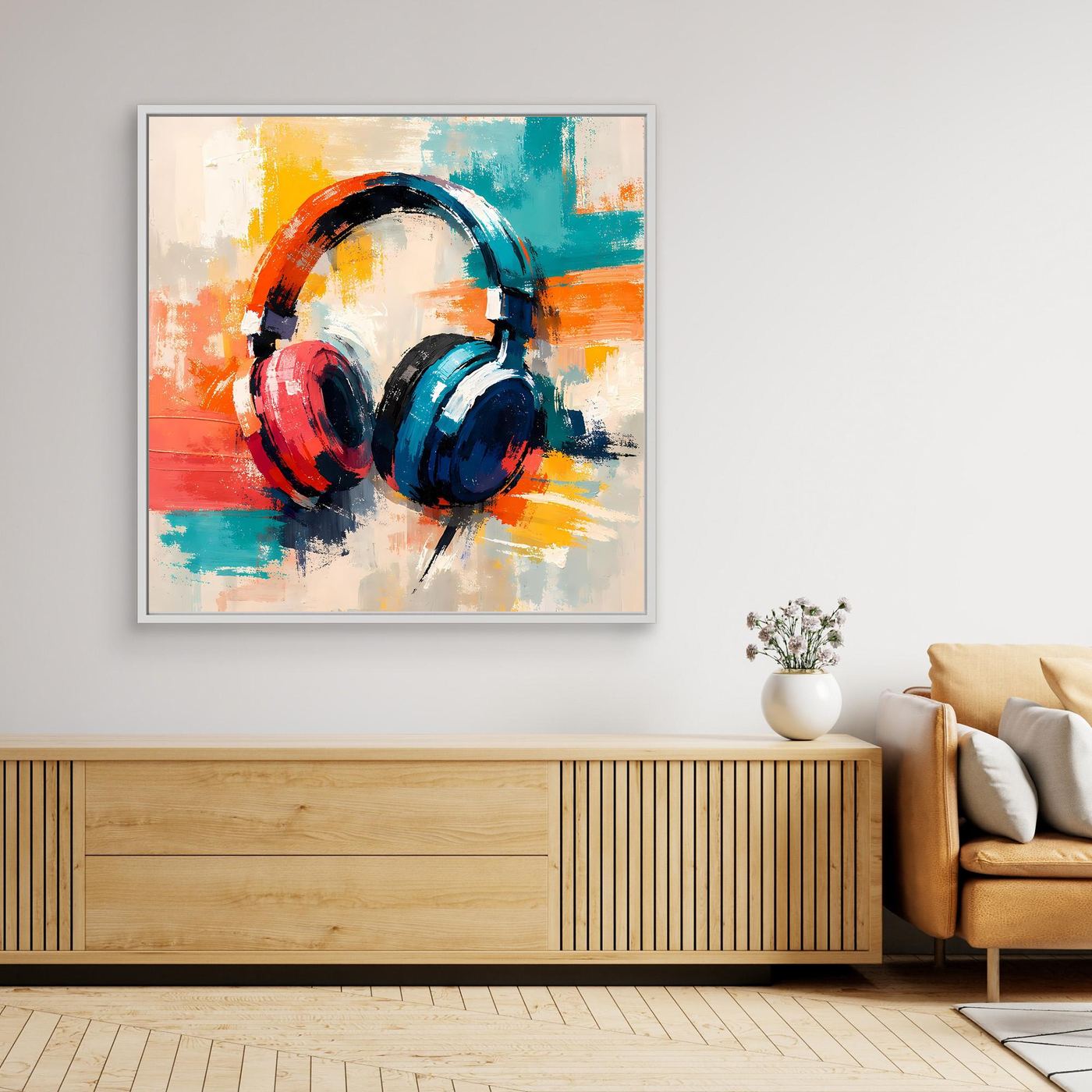 Abstract wall art painting with colorful over-ear headphones, light frame