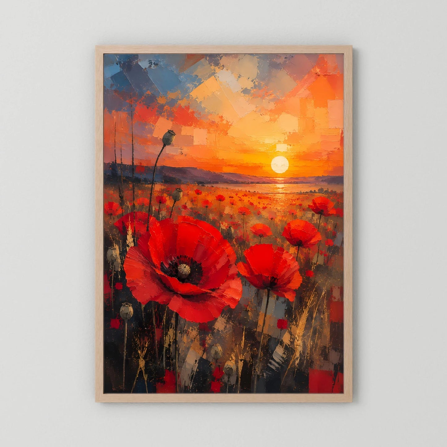 Hochformat-Poster mit roten Mohnblumen und orangefarbener Sonne, heller Holzrahmen