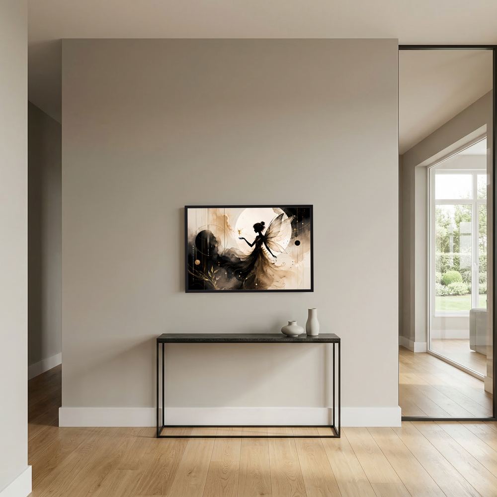 Wandbild im Schwarzrahmen: Fee mit Flügeln, schwarz-gold, Querformat