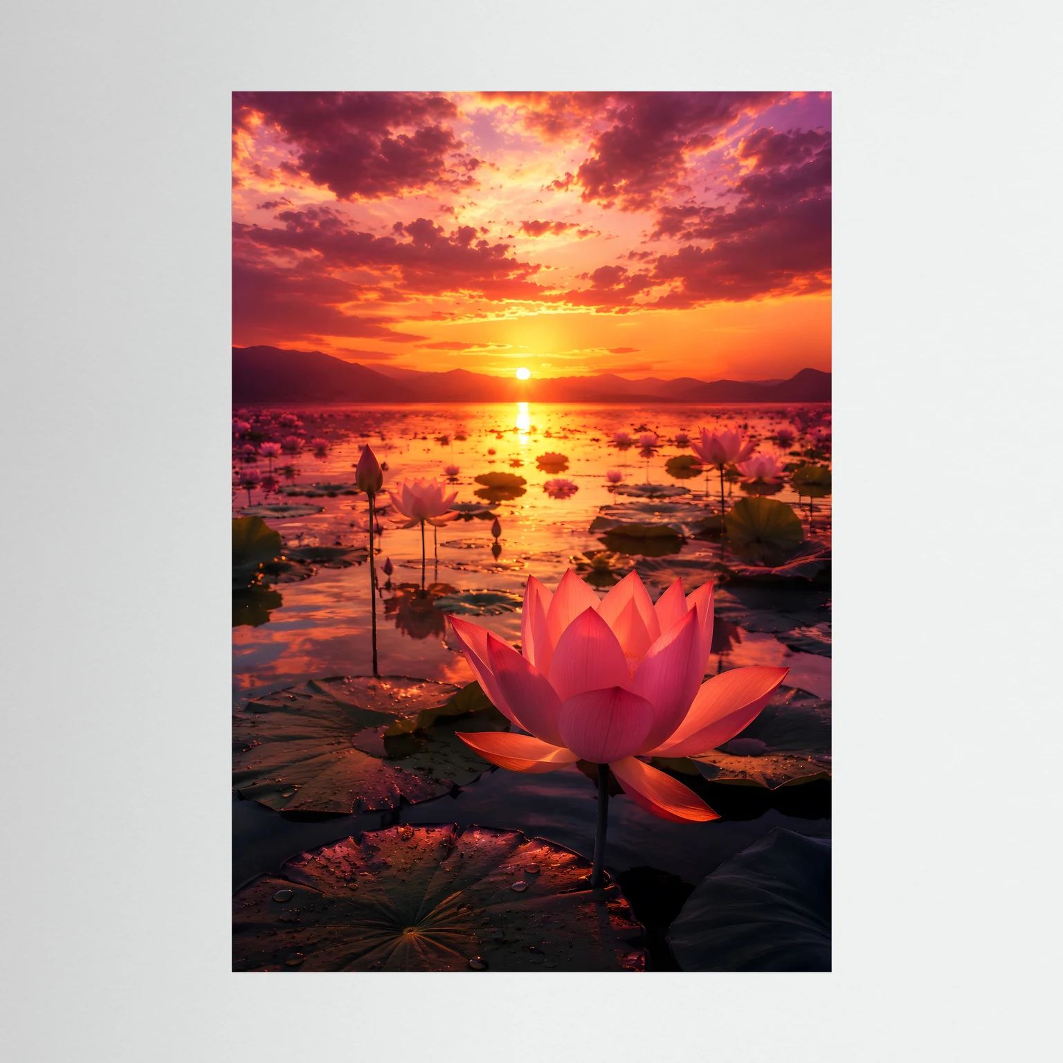 Hochformatige Wandkunst mit rosa Lotusblüte und grellem Sonnenuntergang am Wasser