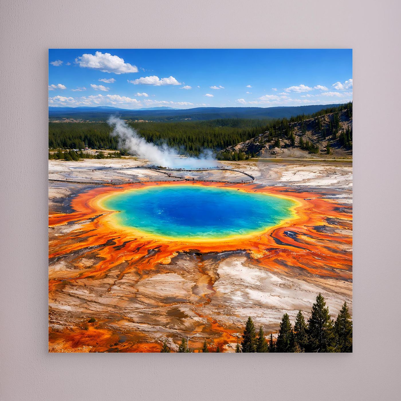 Leinwandbild der Grand Prismatic Spring mit blauem Becken, orangefarbenen Terrassen und Dampfsäule