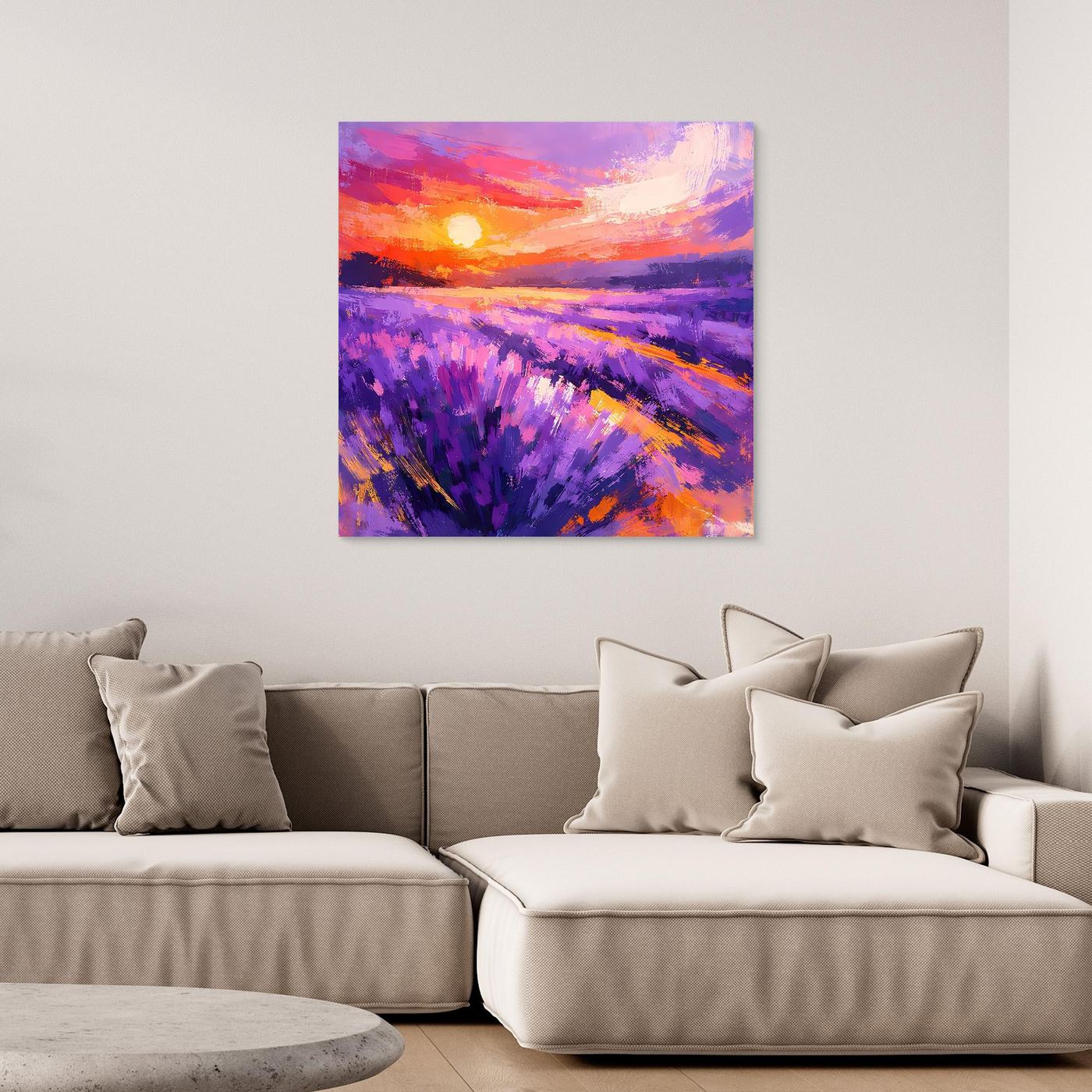 Abstract lavender field sunset canvas wall art with purple rows and glowing orange sun