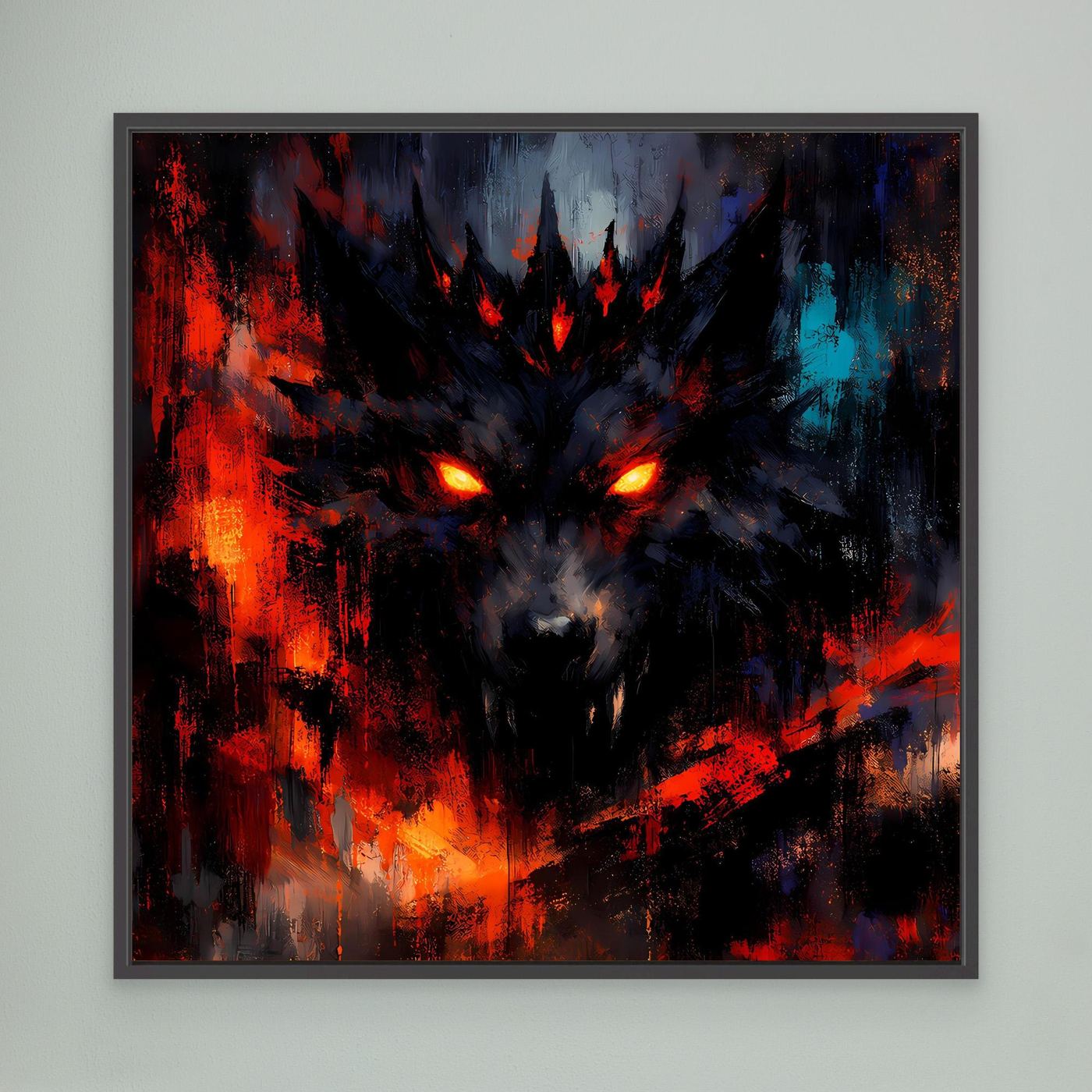 Abstraktes Wolf-Leinwandbild mit leuchtenden Augen, Rot- und Blauakzenten, schwarzer Rahmen