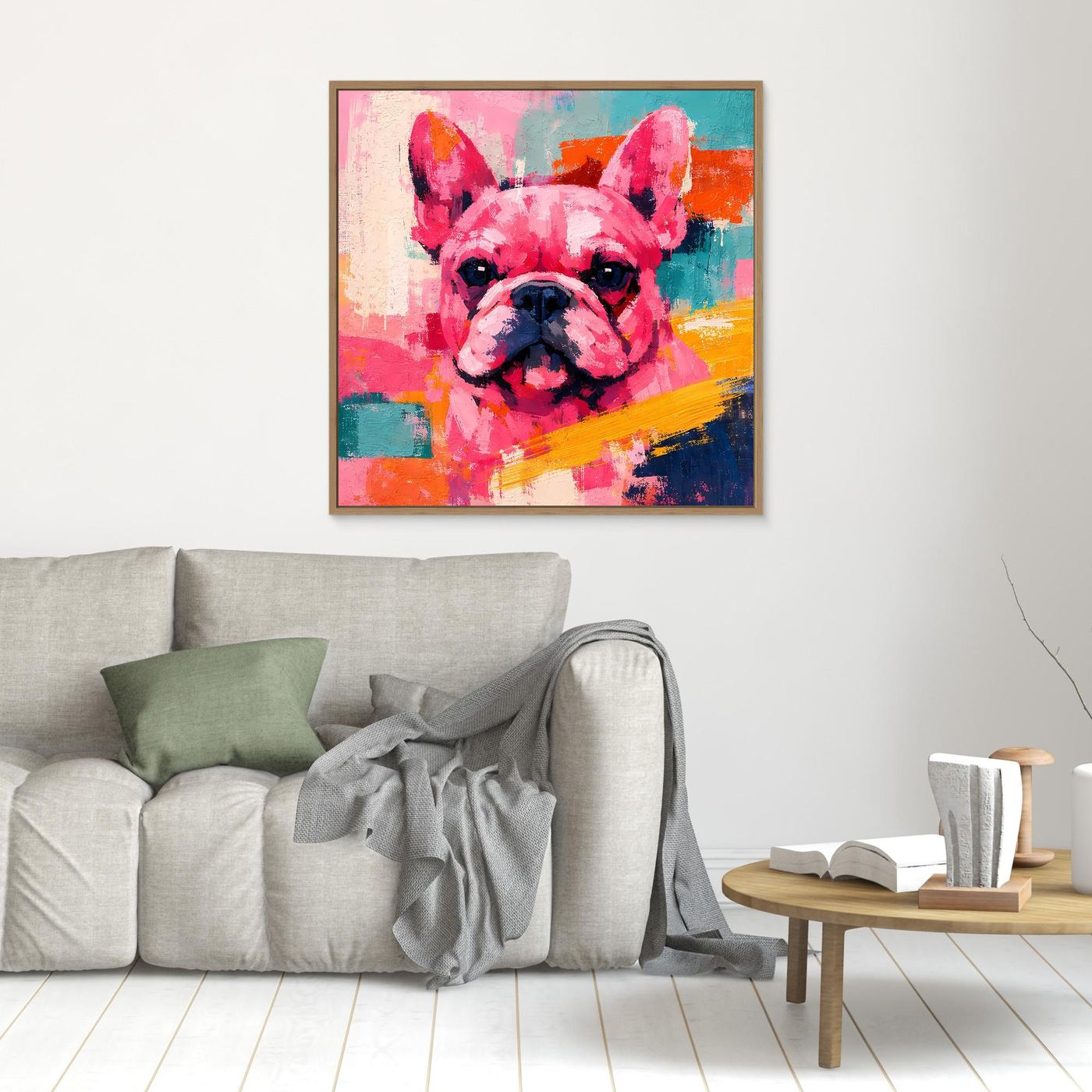 Kleines Leinwandbild mit Pop-Art Französischer Bulldogge, farbiges Portrait, quadratisch, mit Rahmen