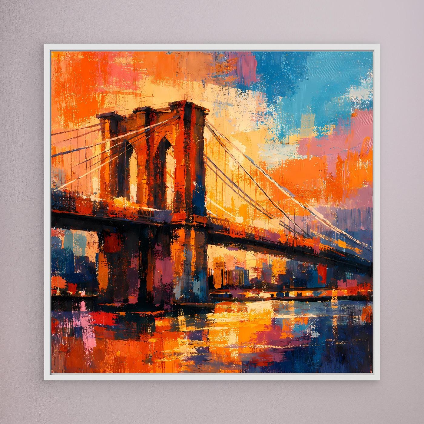 Abstraktes Leinwand-Wandbild Brooklyn-Brücke, orange-blau, weißer Rahmen