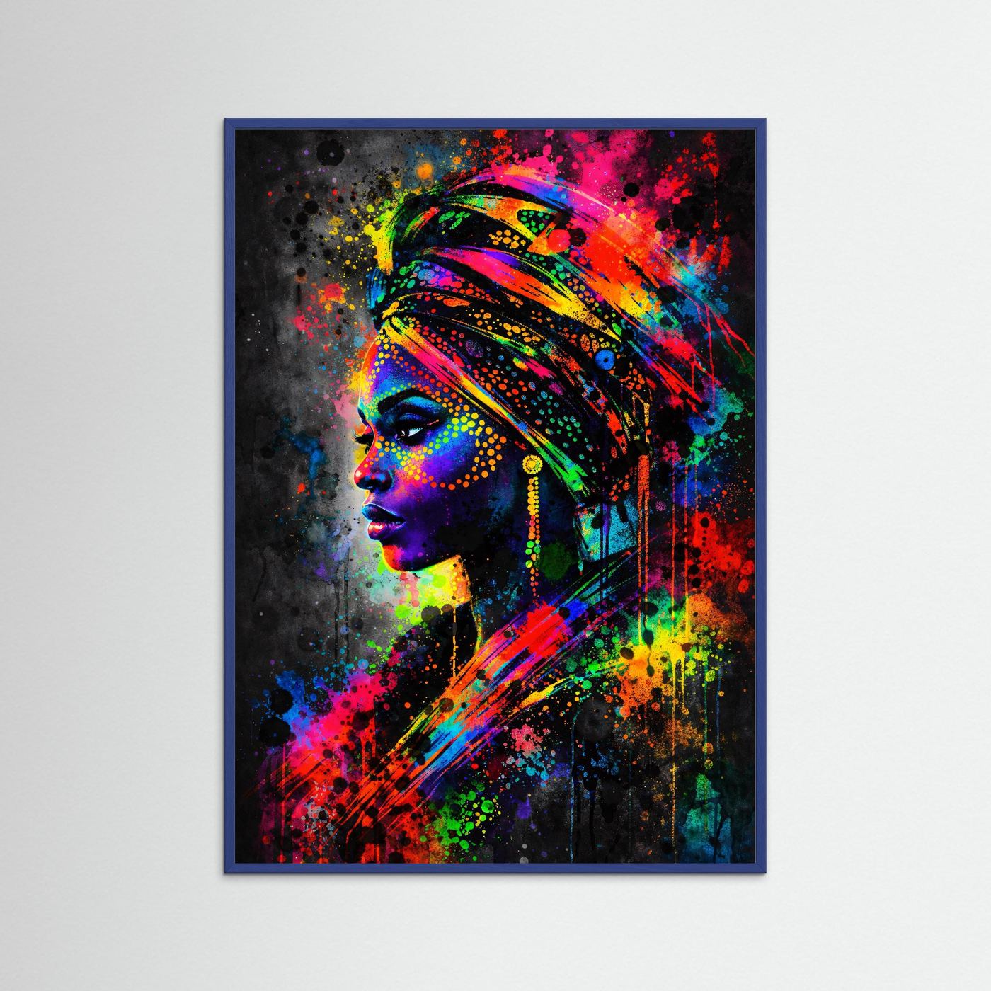 Pop-Art-Porträtposter mit Kopfschmuck, neonfarbige Frau im Profil, blauer Rahmen