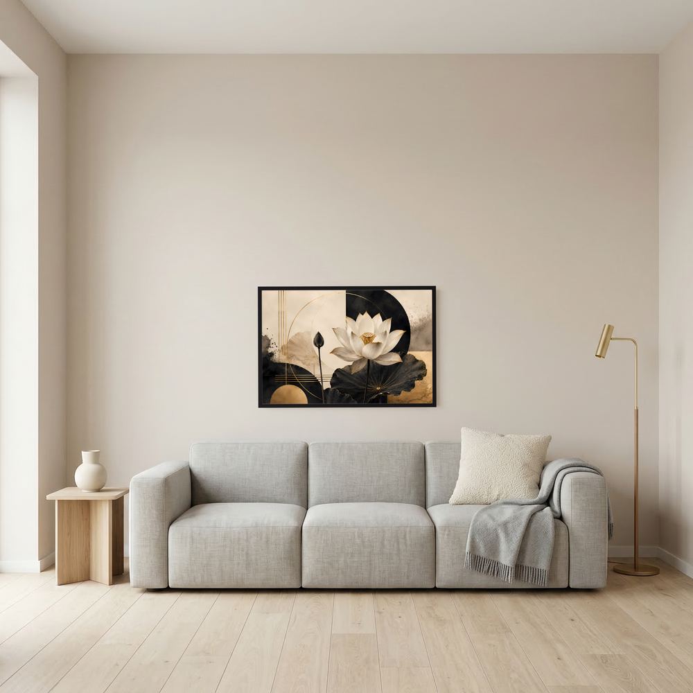 Gerahmtes Querformat-Poster mit Lotusblüte, dunklen Blättern und goldenen Verzierungen