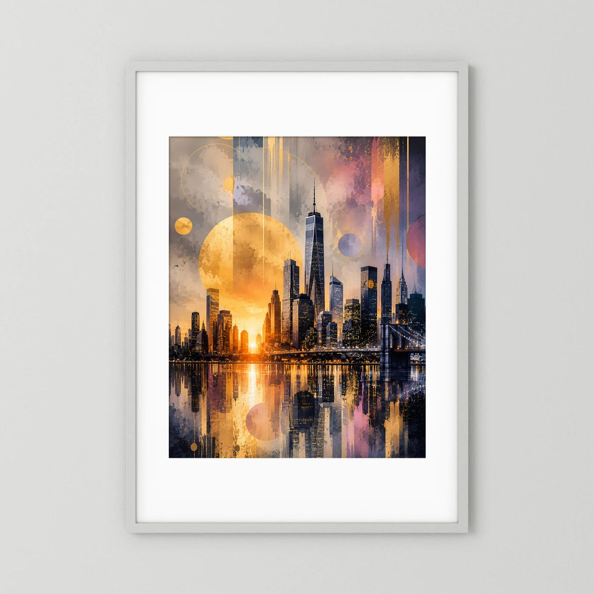Hochformat-Poster mit weißem Passepartout, abstrakte New-York-Skyline in warmen Goldtönen