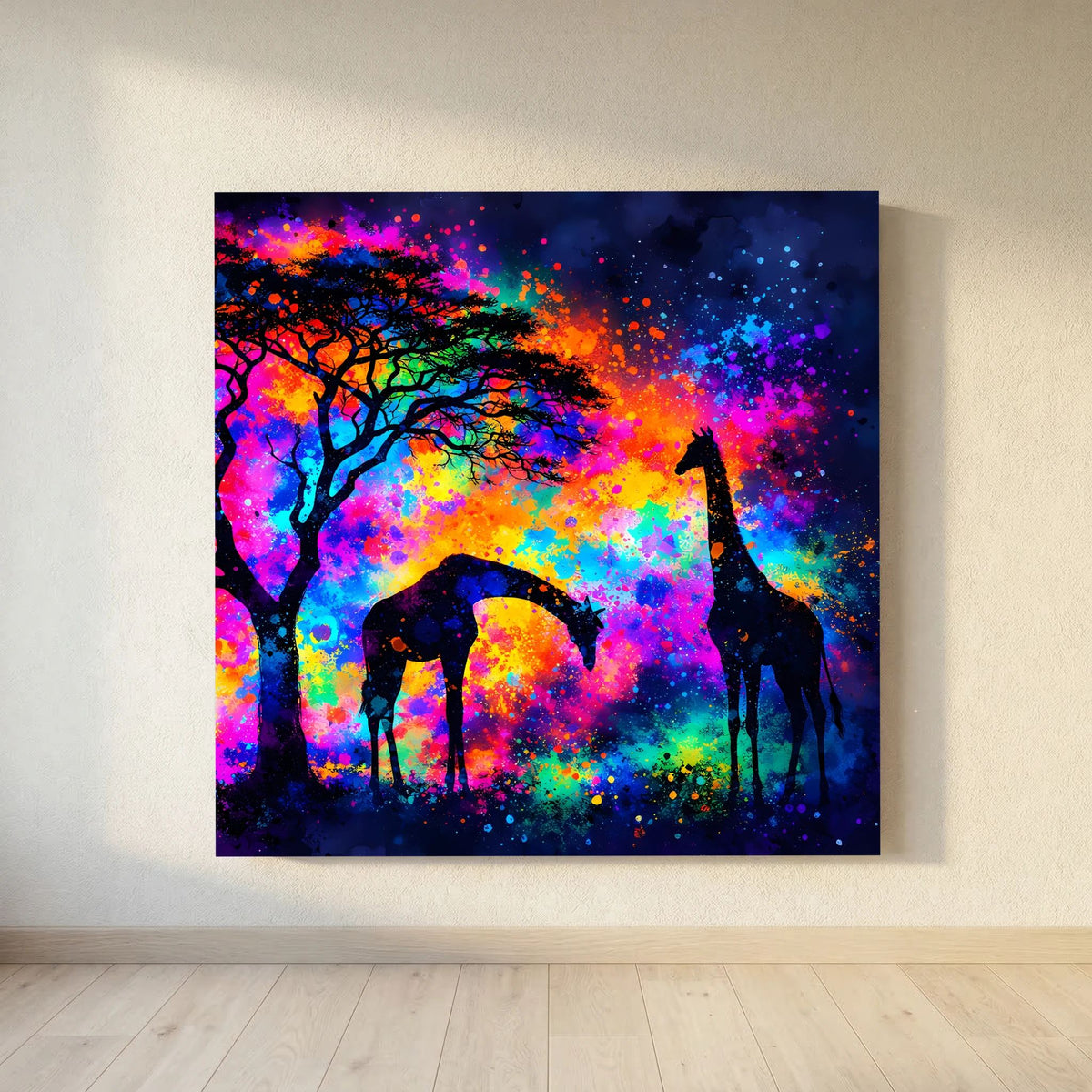 Keilrahmen-Leinwand mit Giraffen-Silhouetten, Baumkrone im Farbverlauf und Sprühnebeleffekt