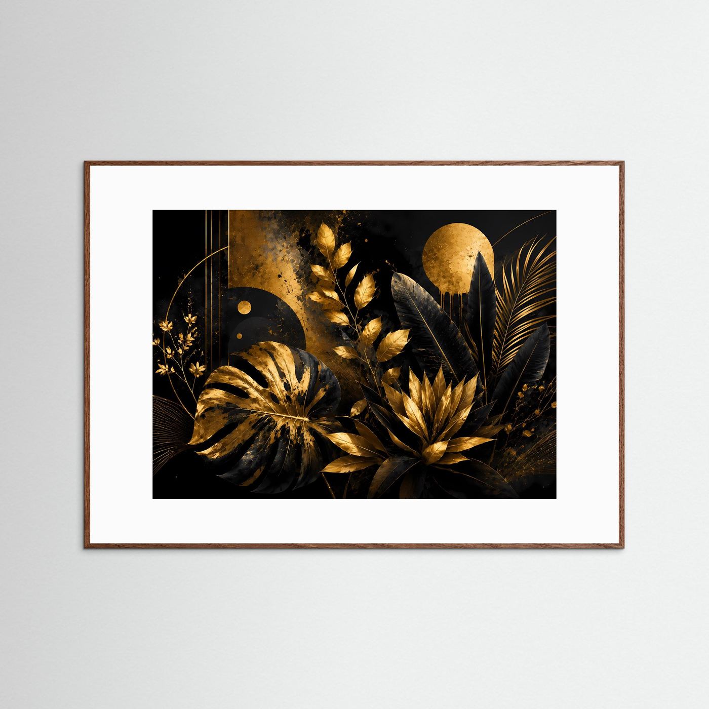 Luxuriöse Tropische Blätter in Schwarz & Gold | Abstrakte Botanische Wandkunst mit Monstera, Palmenblättern und exotischen Pflanzen | Elegantes Premium Wandbild im Querformat