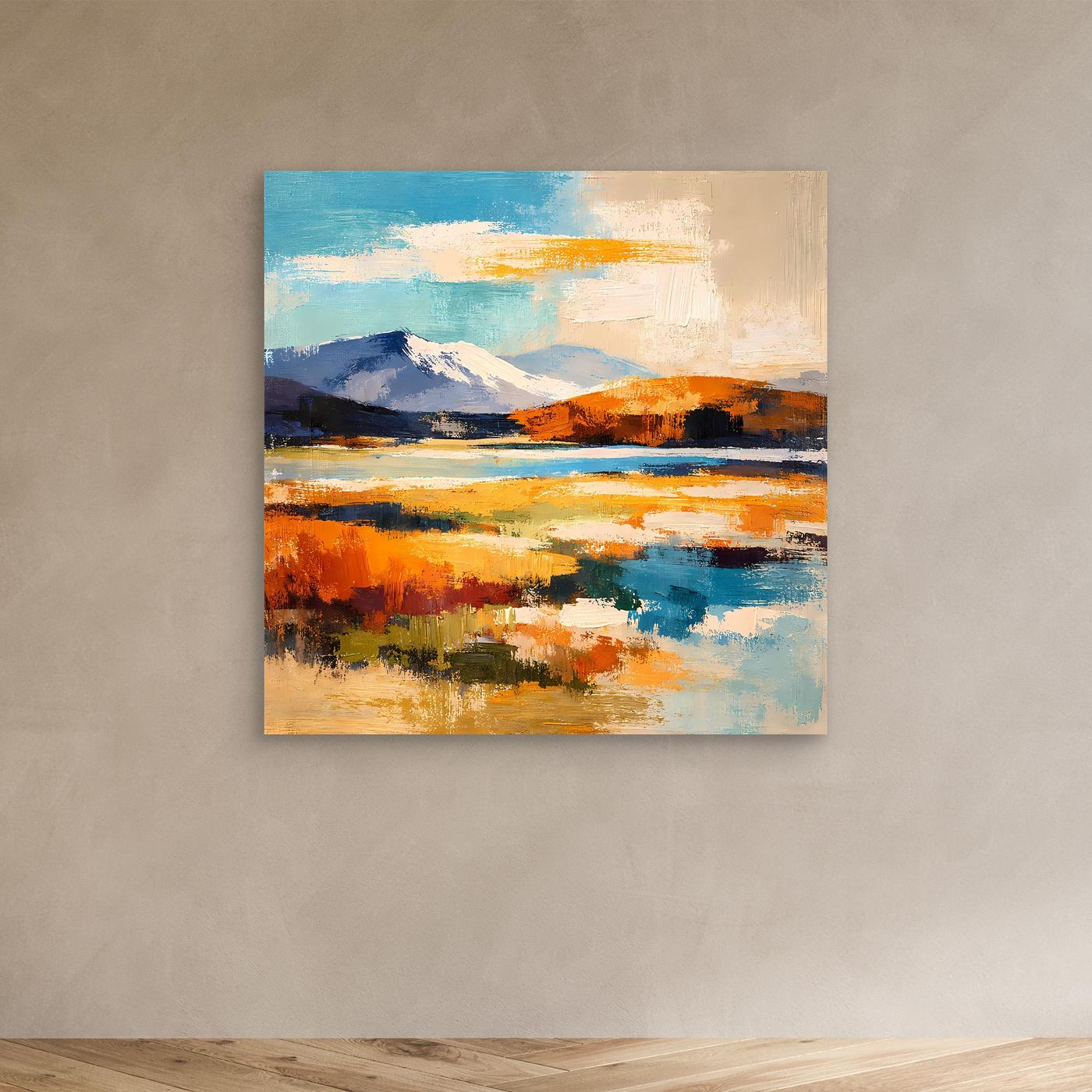 Leinwand-Wandbild mit abstrakter Berglandschaft, kräftige Blau- und Orangetöne, ohne Rahmen