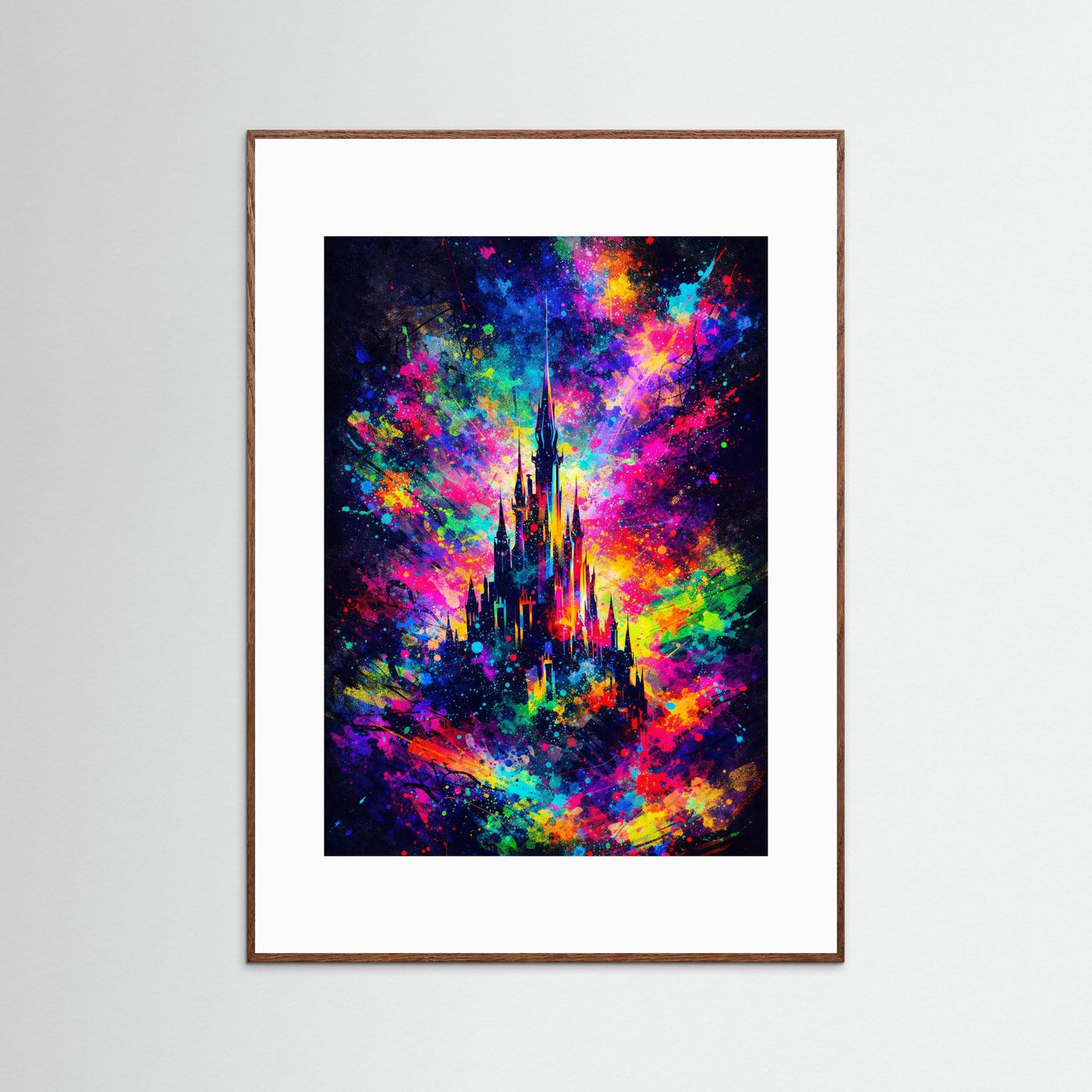 Fantasy-Schloss-Poster mit neonbunten Farbexplosionen im dunklen Eichenrahmen