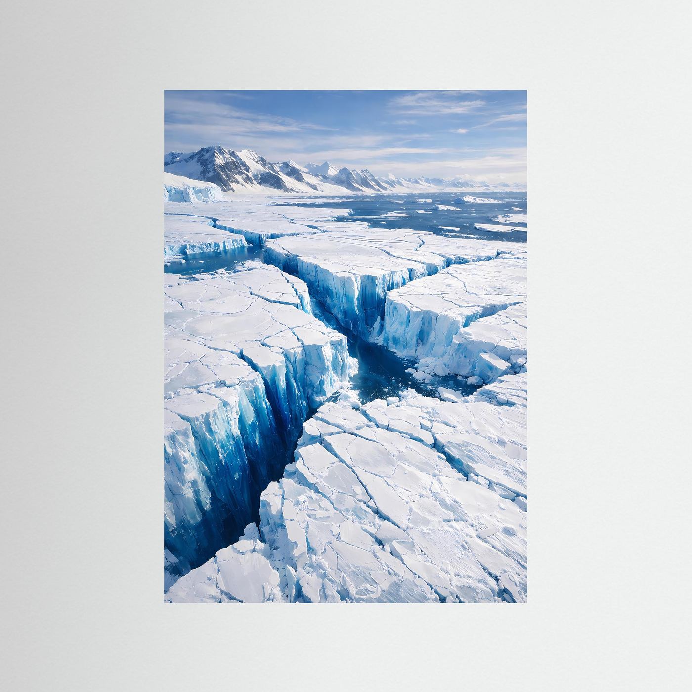 Arktis-Gletscherposter mit Eisbergen in Blau und Weiß, Hochformat ohne Rahmen