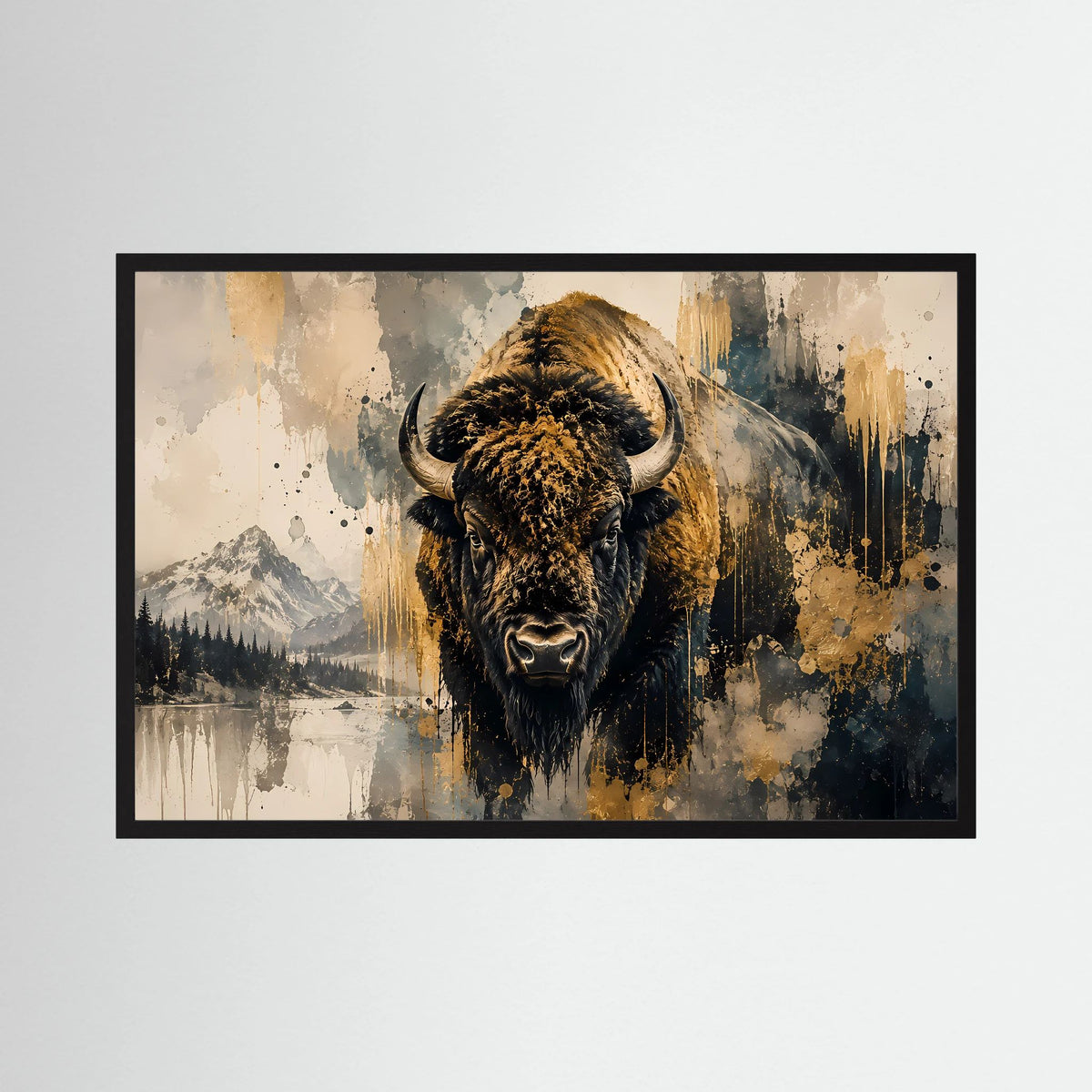 Poster im Querformat mit Büffelkopf in Schwarz und Gold, abstraktes Spritzbild, schwarzer Rahmen