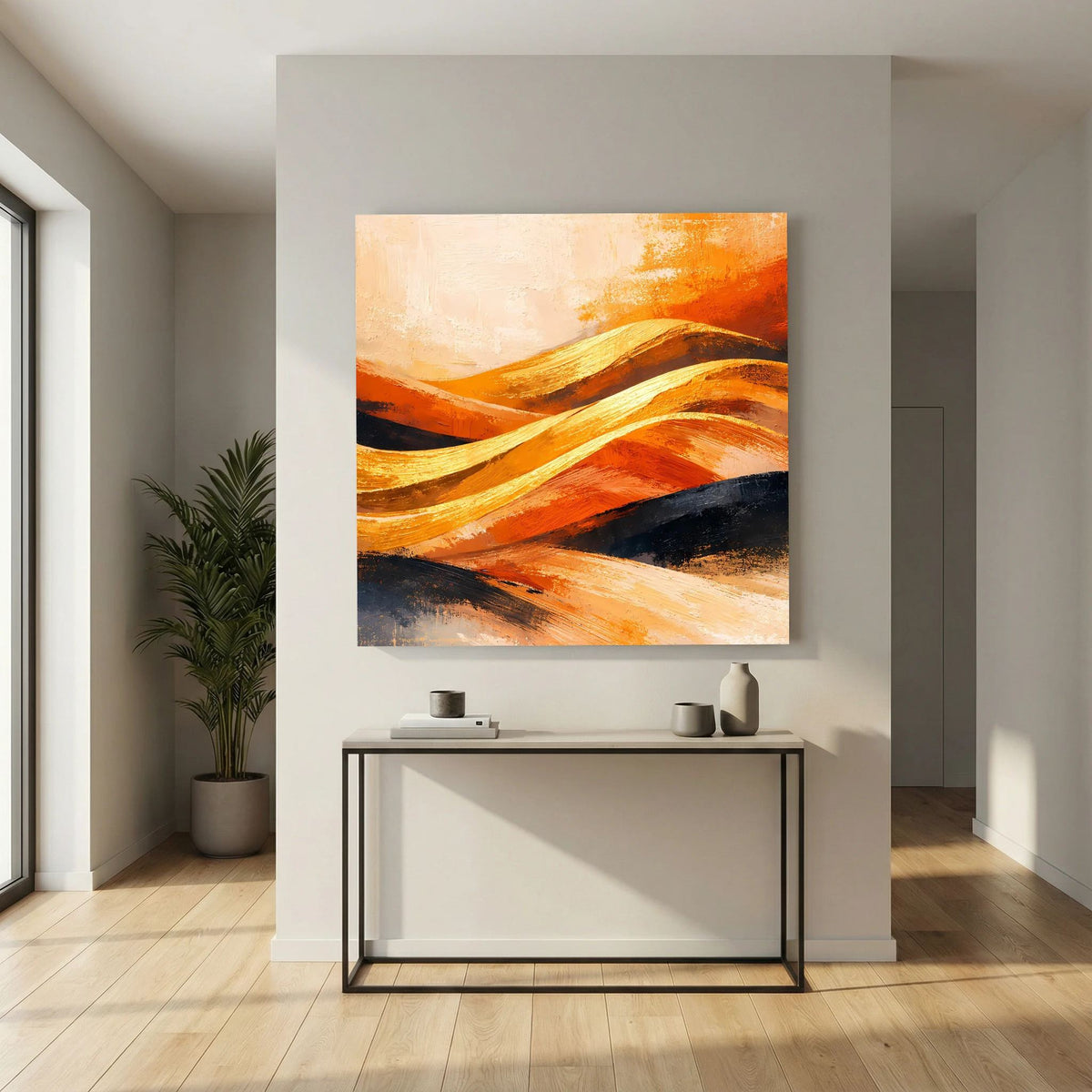 Abstraktes Wandbild mit orange-goldener Dünenlandschaft und hellen Pinselakzenten