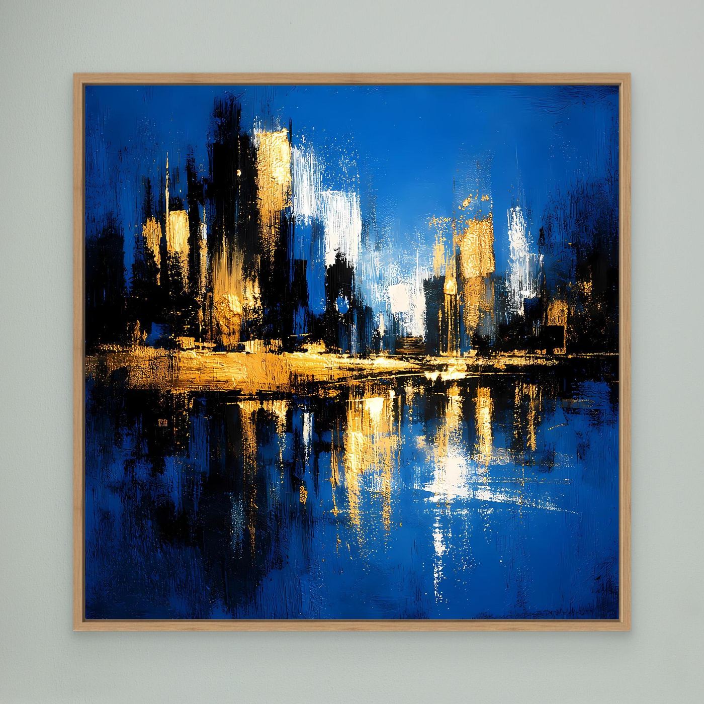 Leinwand Abstrakte Skyline in Blau und Gold | Modernes Großstadt Wandbild mit Spiegelung
