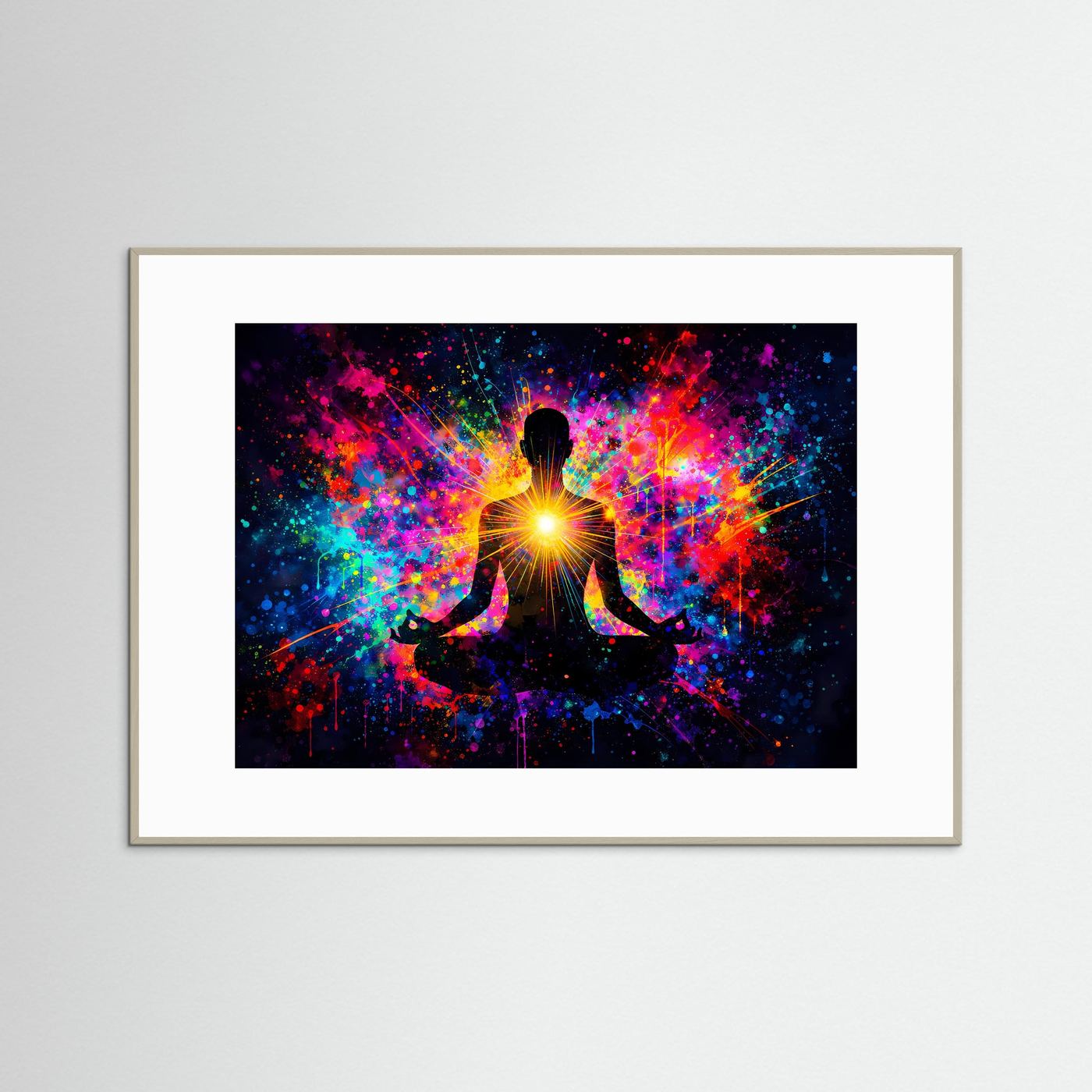Meditationsposter mit Herz-Chakra über dem Lotussitz, hellbeiger Holzrahmen mit weißem Passepartout