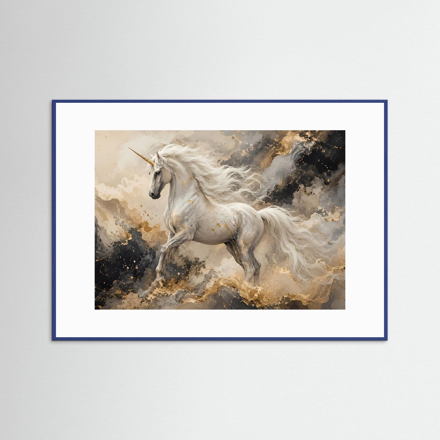 Einhorn Wandbild Weiß Gold | Mystische Fantasy Wandkunst | Elegantes Abstraktes Leinwandbild | Magisches Unicorn Poster | Premium Fine Art