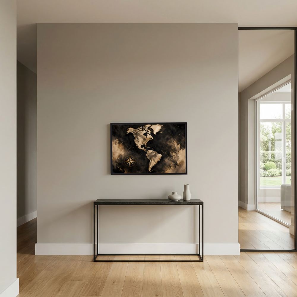 Wandposter Weltkarte Amerika mit Kompass, schwarz-gold, querformat, im dunklen Rahmen