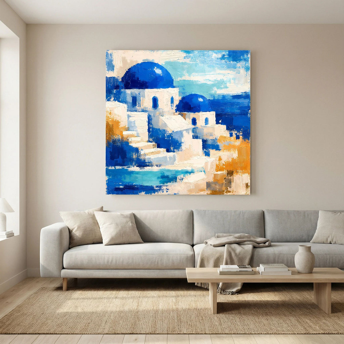 Abstraktes quadratisches Wandbild mit Santorin-Motiven: blaue Kuppeln, weiße Gassen, Orange