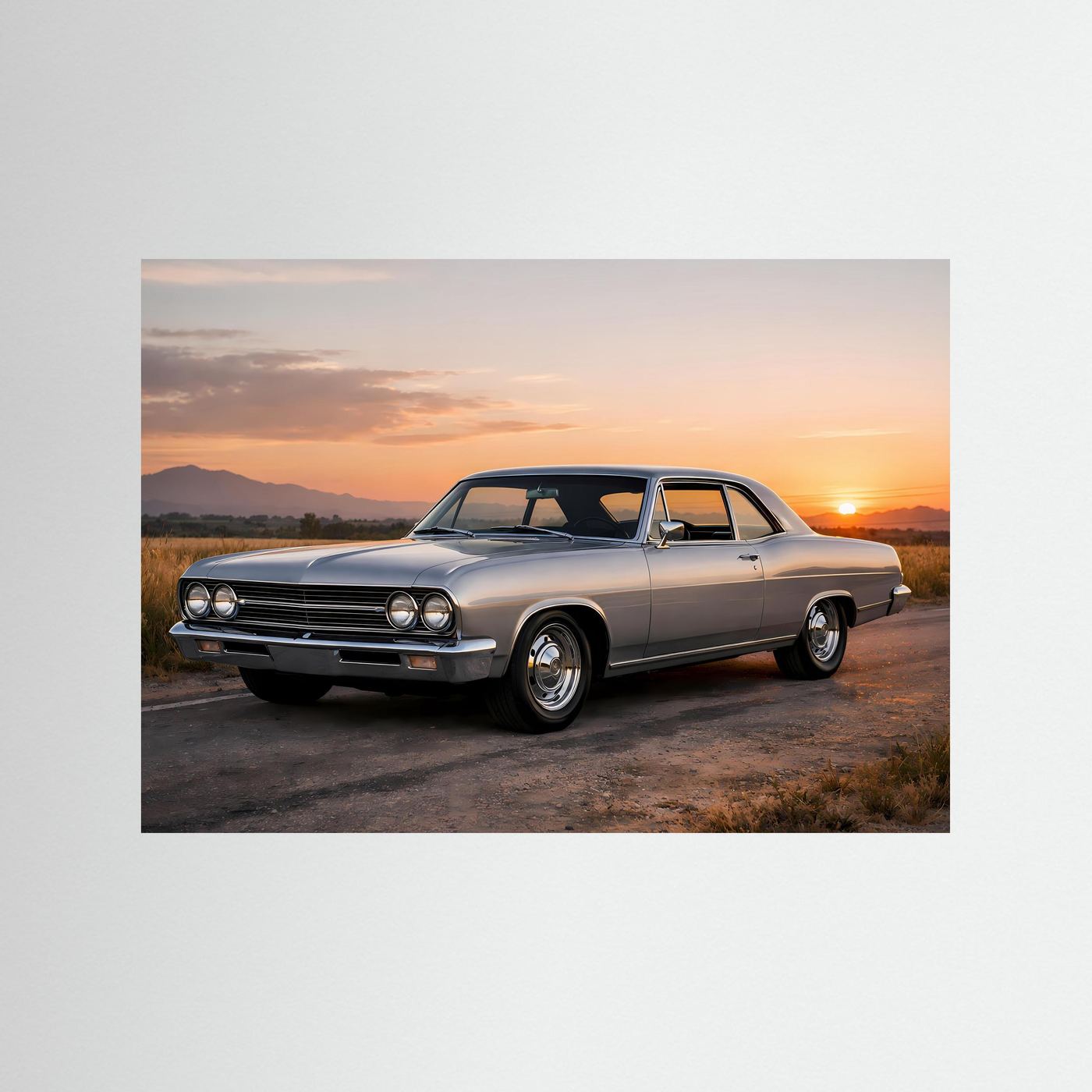 Poster im Querformat mit silbernem US-Oldtimer, ohne Rahmen