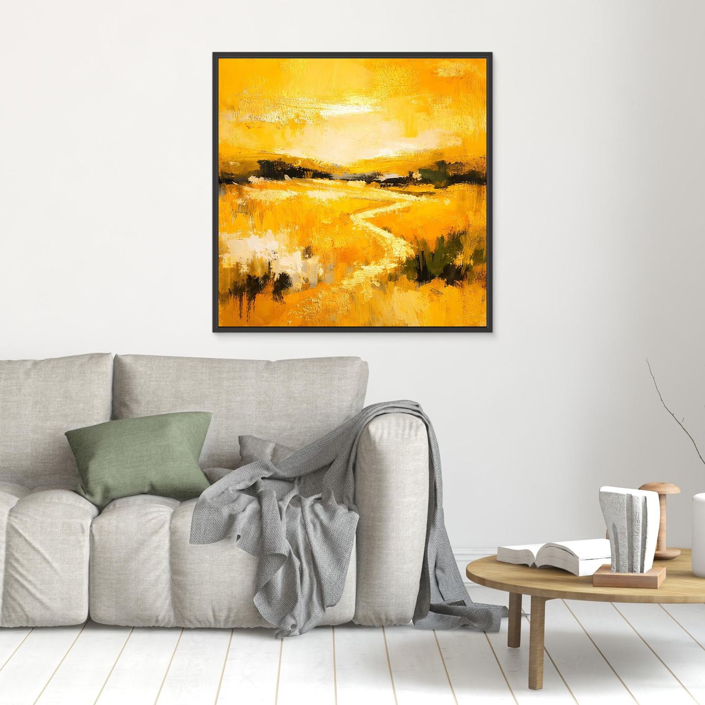 Leinwand Abstraktes Landschaftsgemälde in Gelb und Gold | Modernes Natur Wandbild mit Fluss