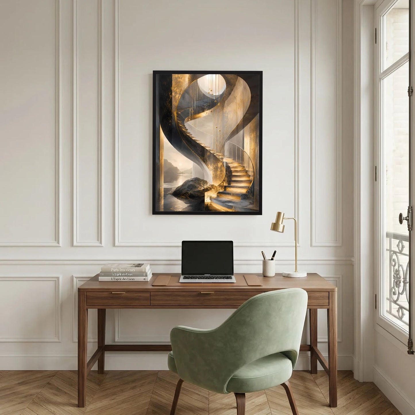 Wandposter im Hochformat: goldene Wendeltreppe in Schwarz, im schwarzen Rahmen.