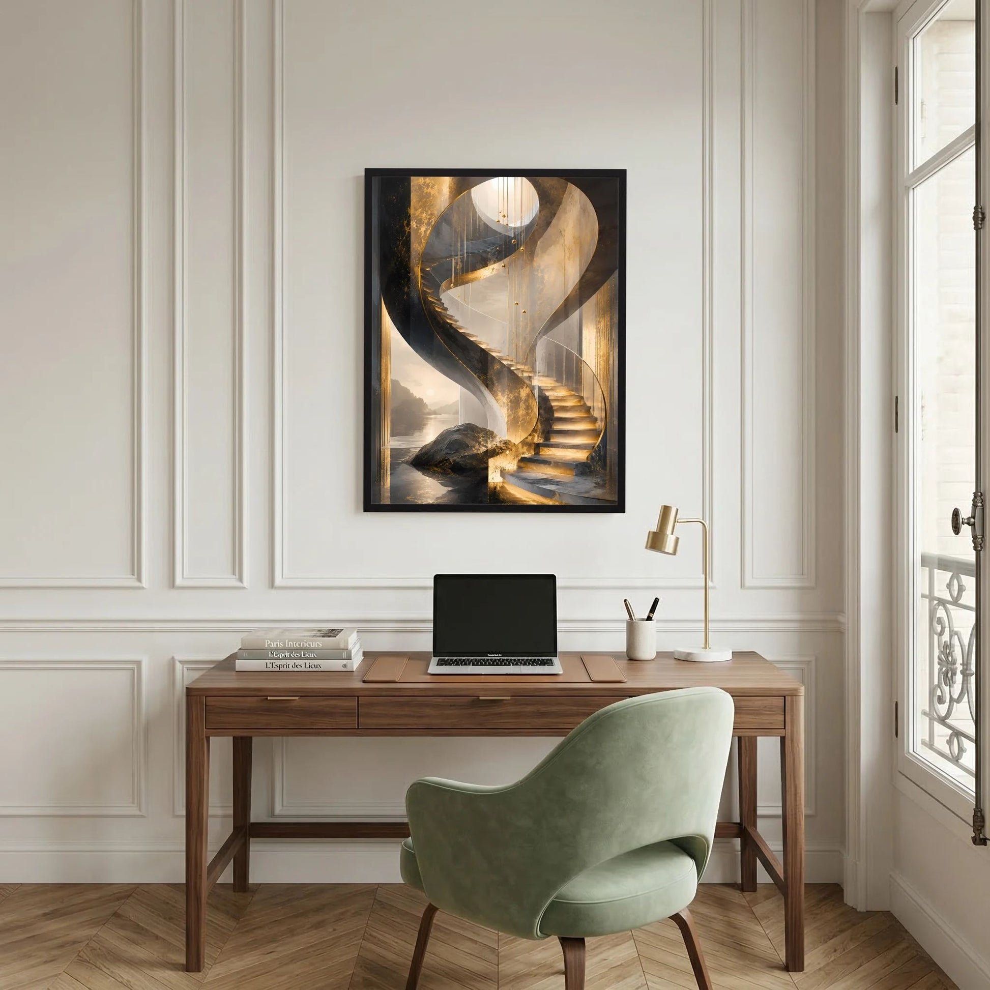 Wandposter im Hochformat: goldene Wendeltreppe in Schwarz, im schwarzen Rahmen.