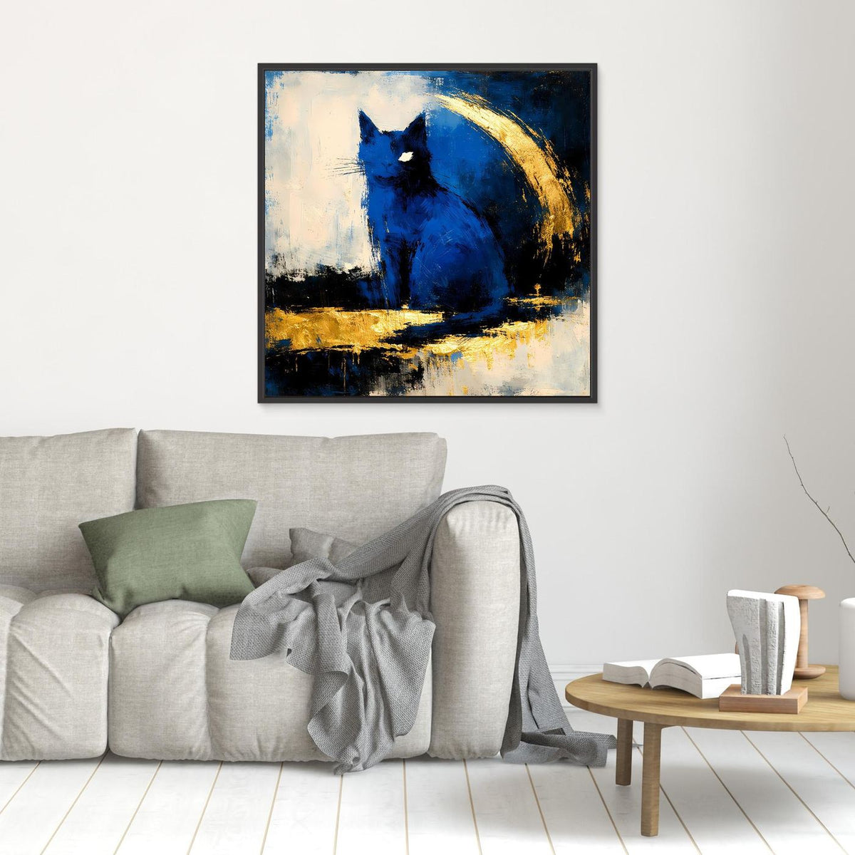 Gerahmtes Leinwand-Wandbild: blaues Tiermotiv mit Goldbogen, schwarzer Rahmen