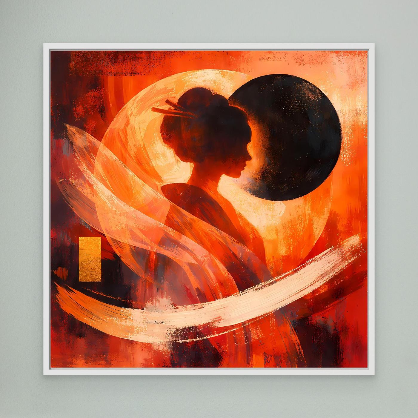 Abstraktes Leinwand-Wandbild mit Geisha-Silhouette im weißen Rahmen